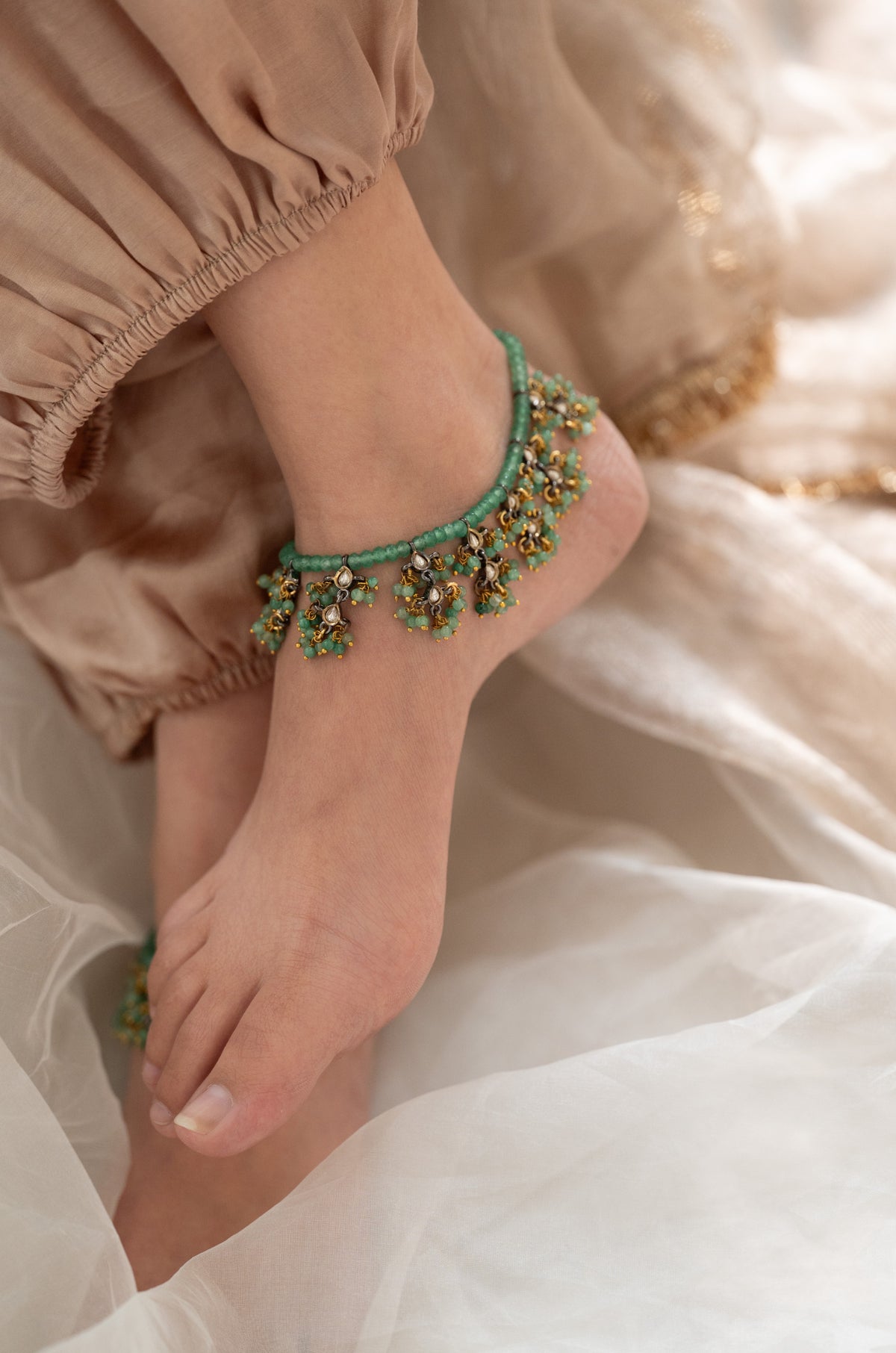 Reyva Green Kundan Anklets
