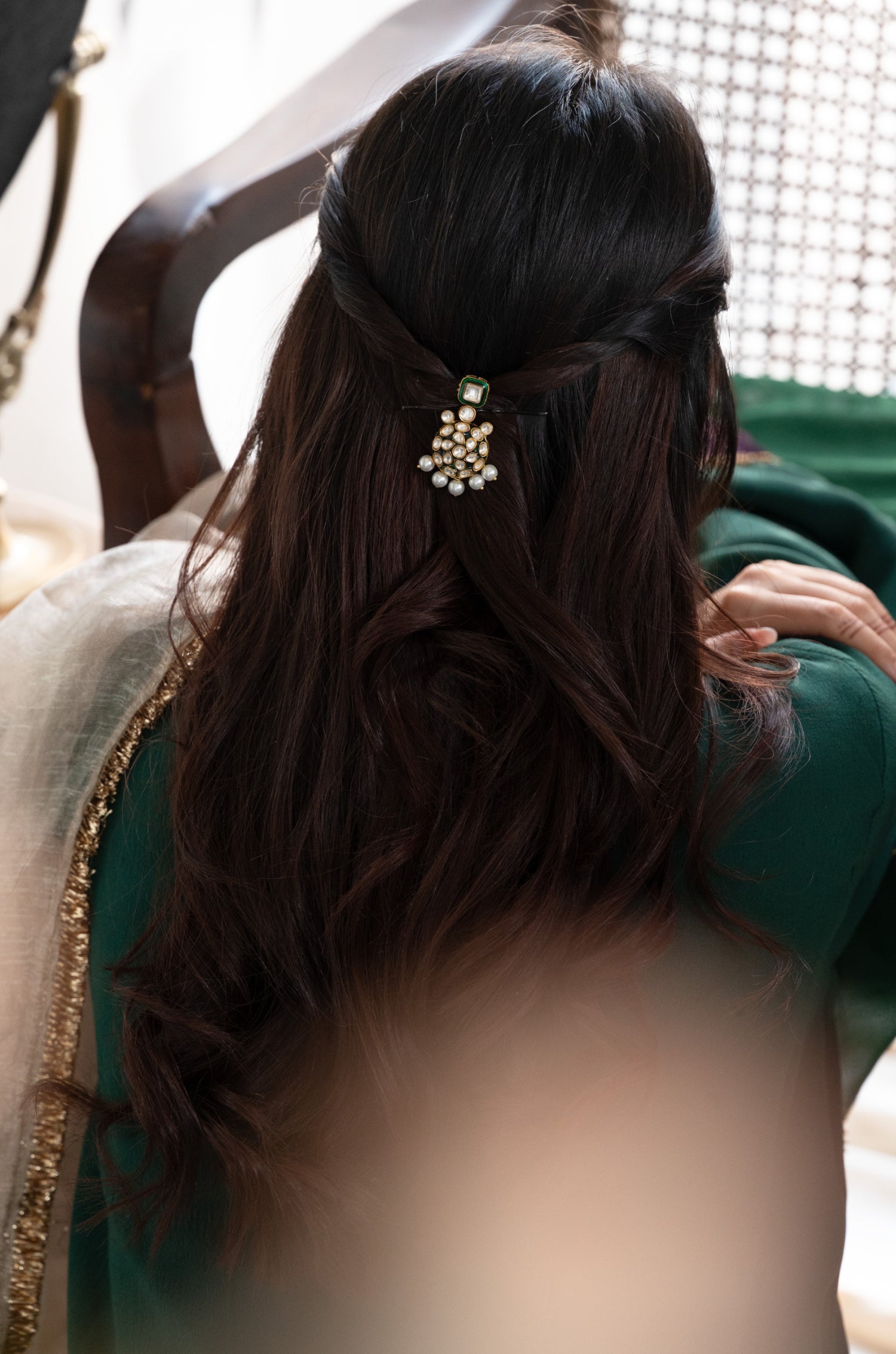 Sireen Green Polki Braid Pin
