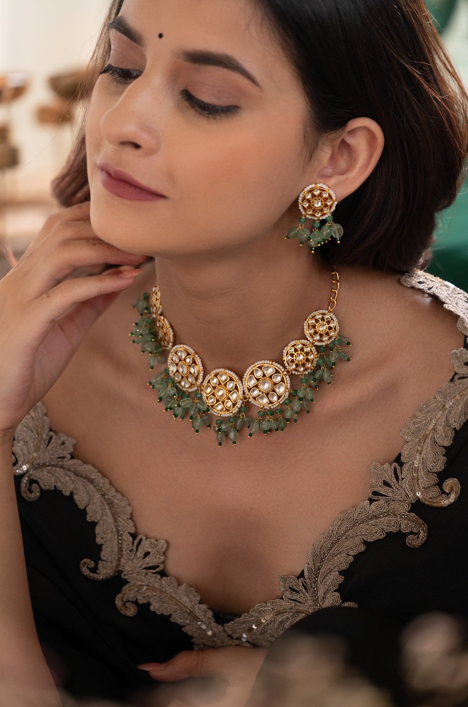 Pranali Mint Kundan Necklace Set