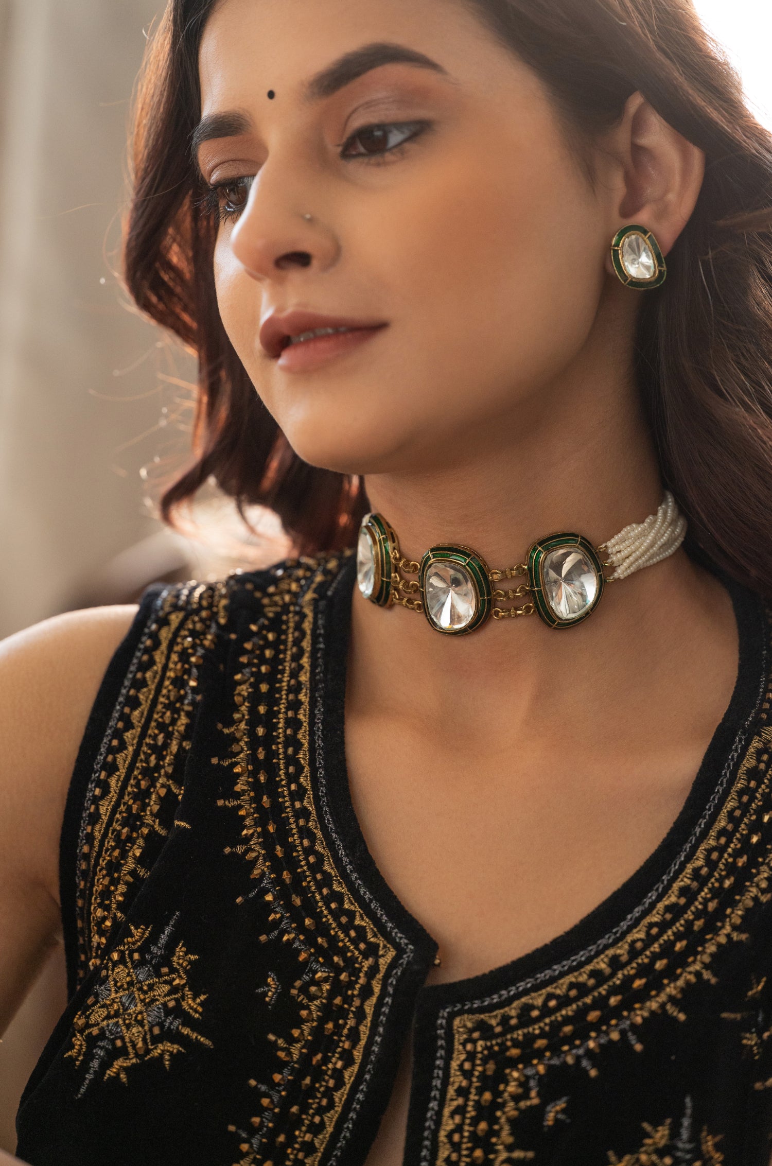 Zahra Green Polki Necklace Set