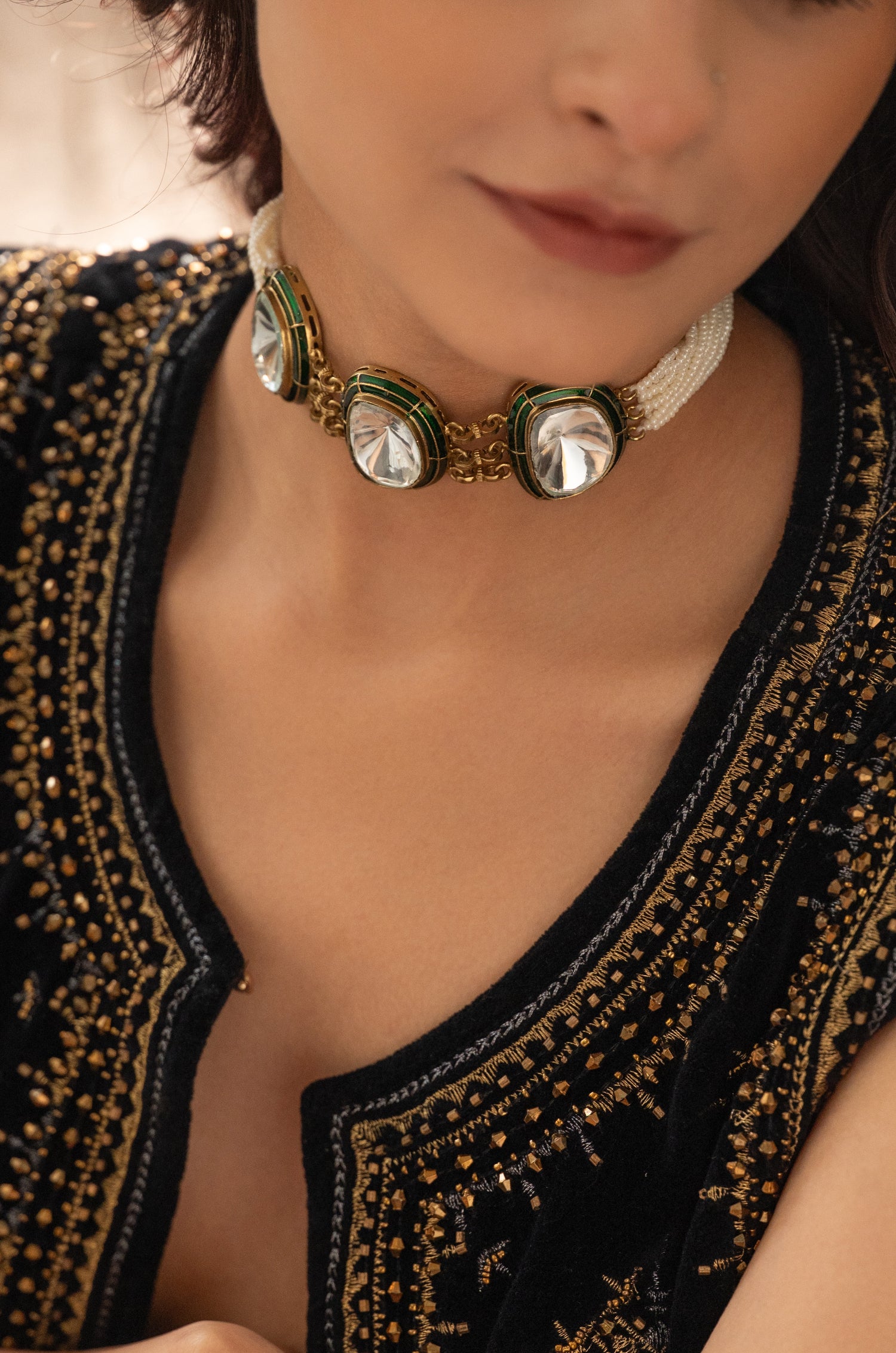 Zahra Green Polki Necklace Set