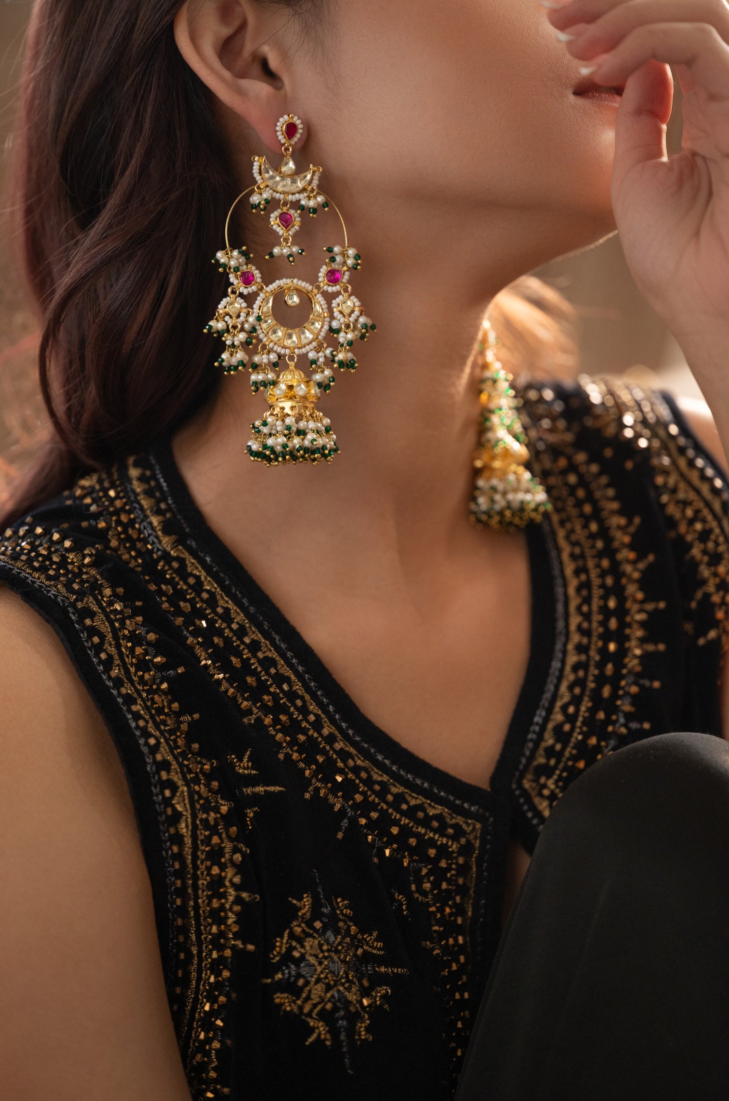 Garvi Red Kundan Jhumka Earrings