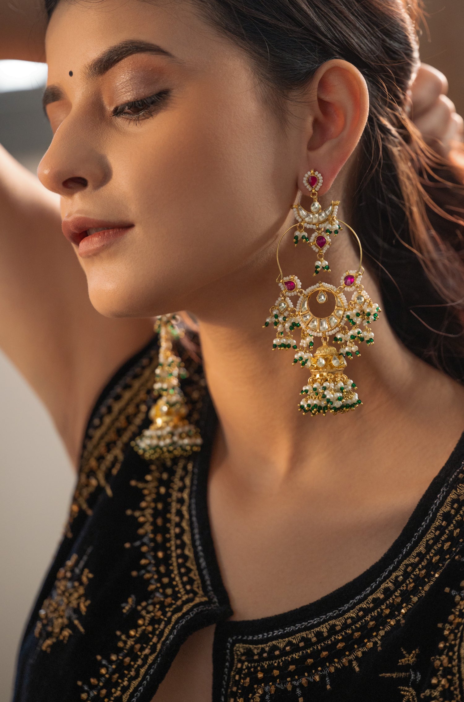 Garvi Red Kundan Jhumka Earrings