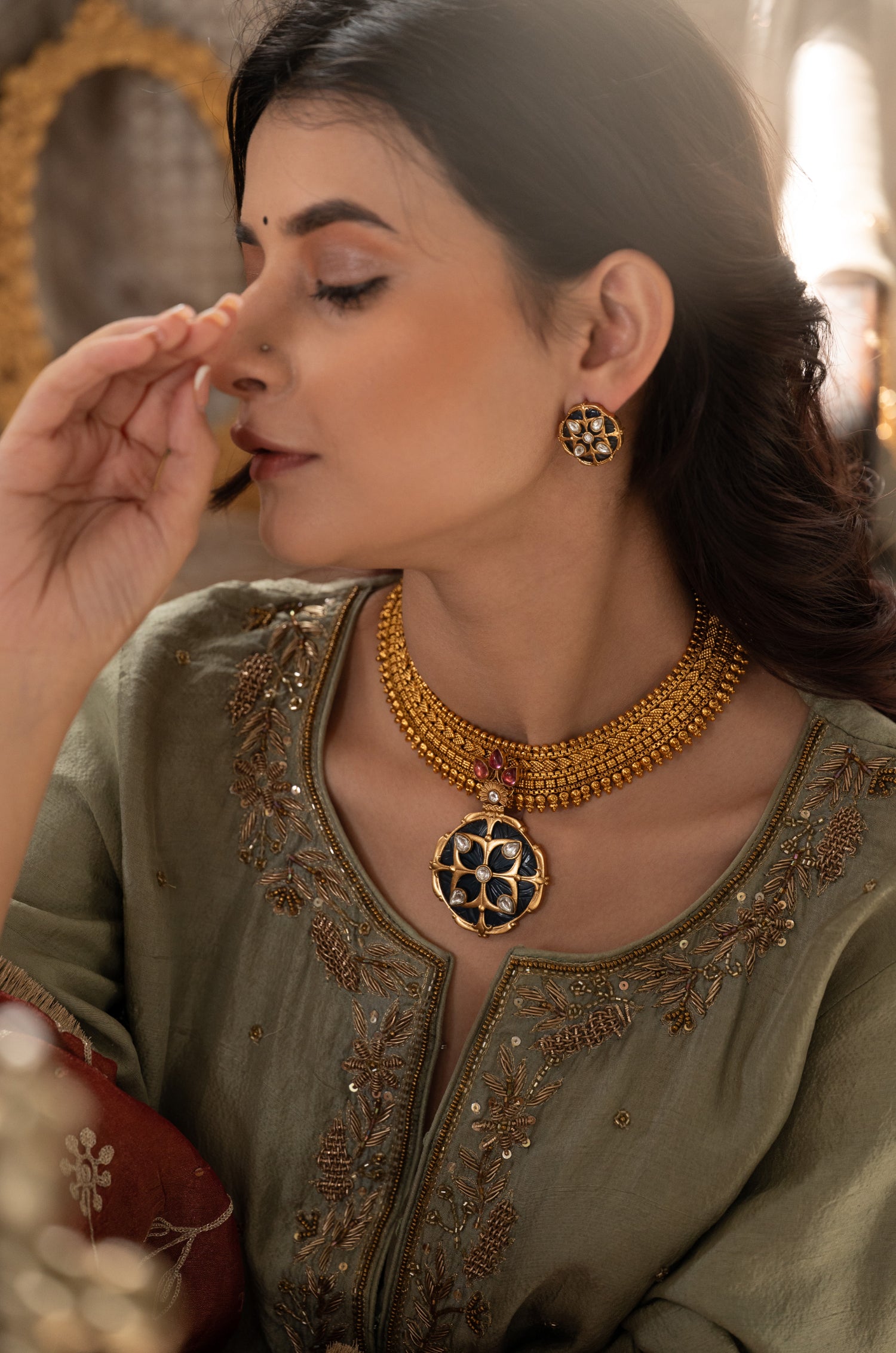 Simran Blue Temple Work Necklace Set