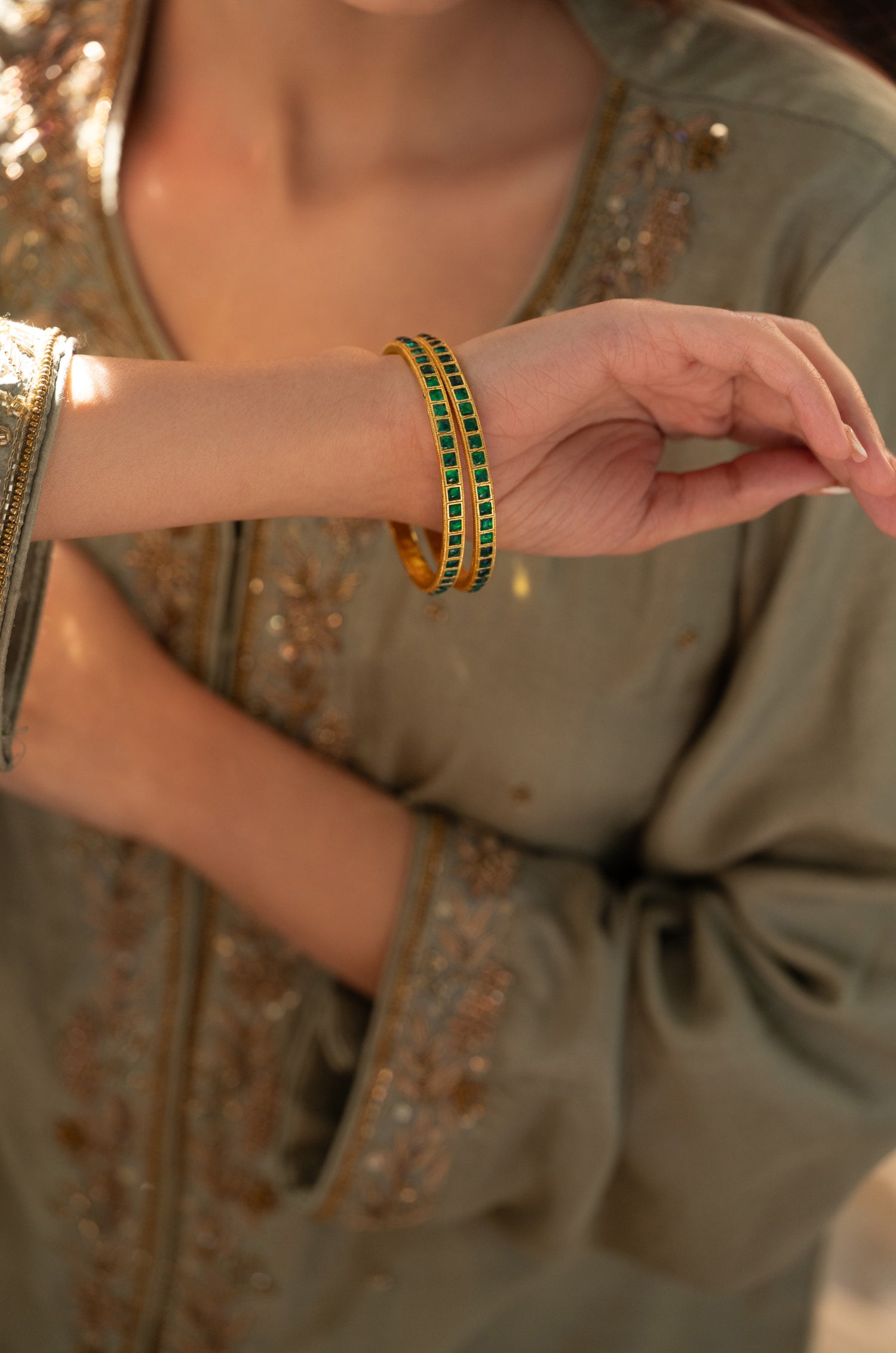 Urvika Green Kundan Bangles - Set Of 2