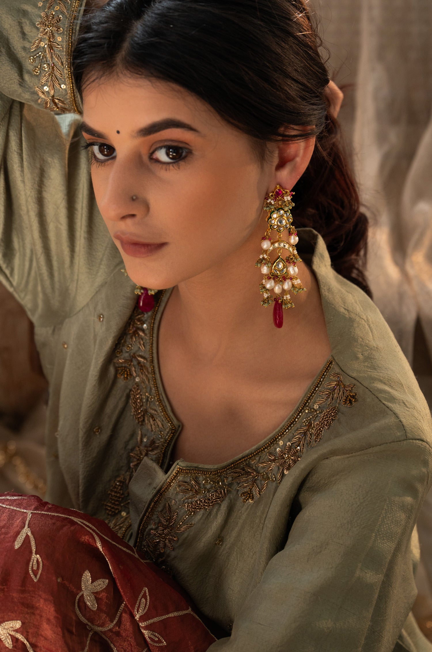 Tashi Red Kundan Earrings