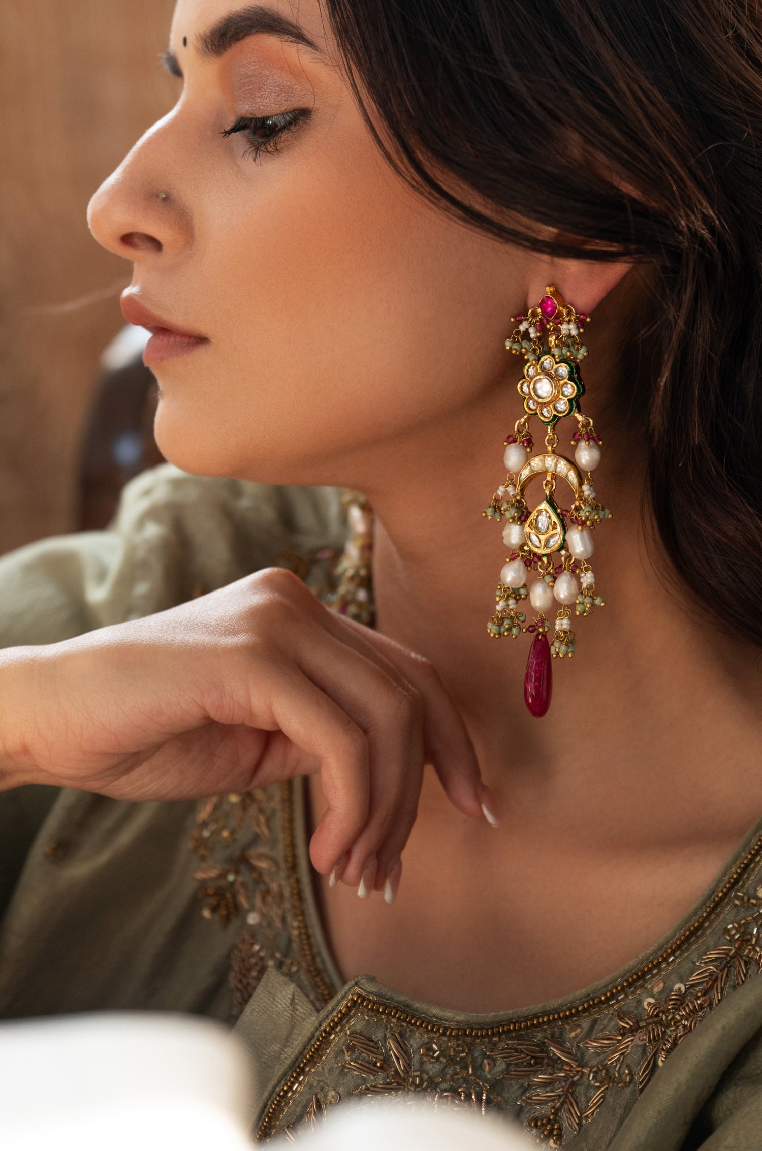 Tashi Red Kundan Earrings