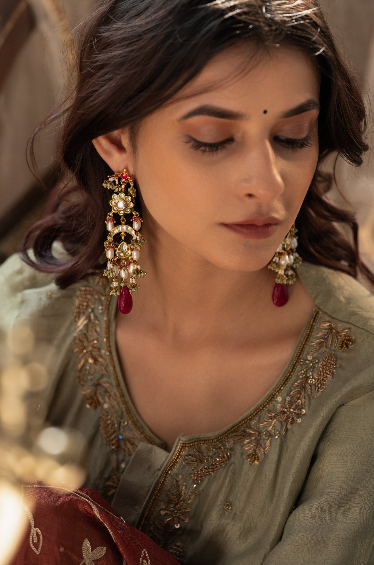 Tashi Red Kundan Earrings