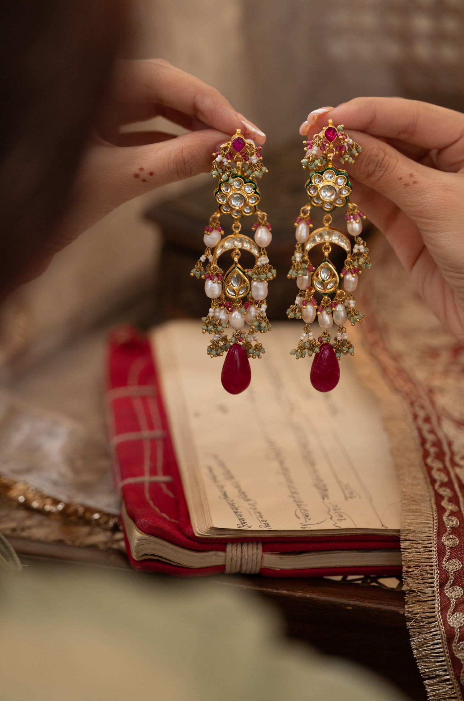 Tashi Red Kundan Earrings