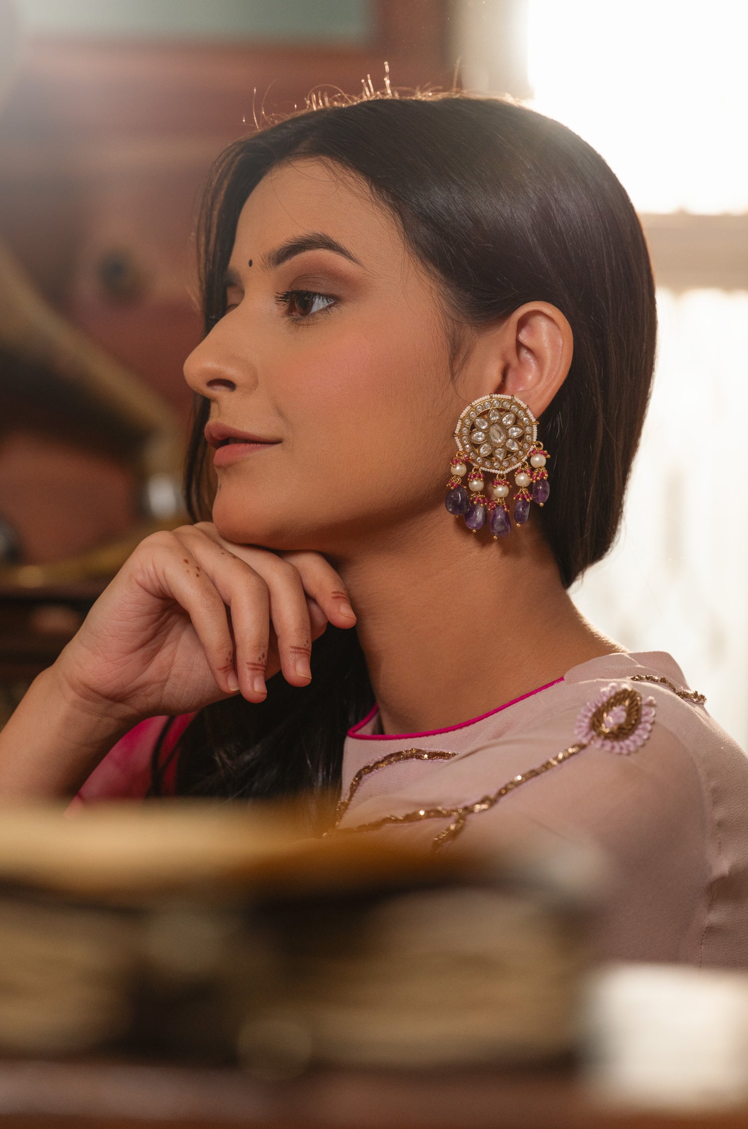 Sunaina Kundan Purple Earrings