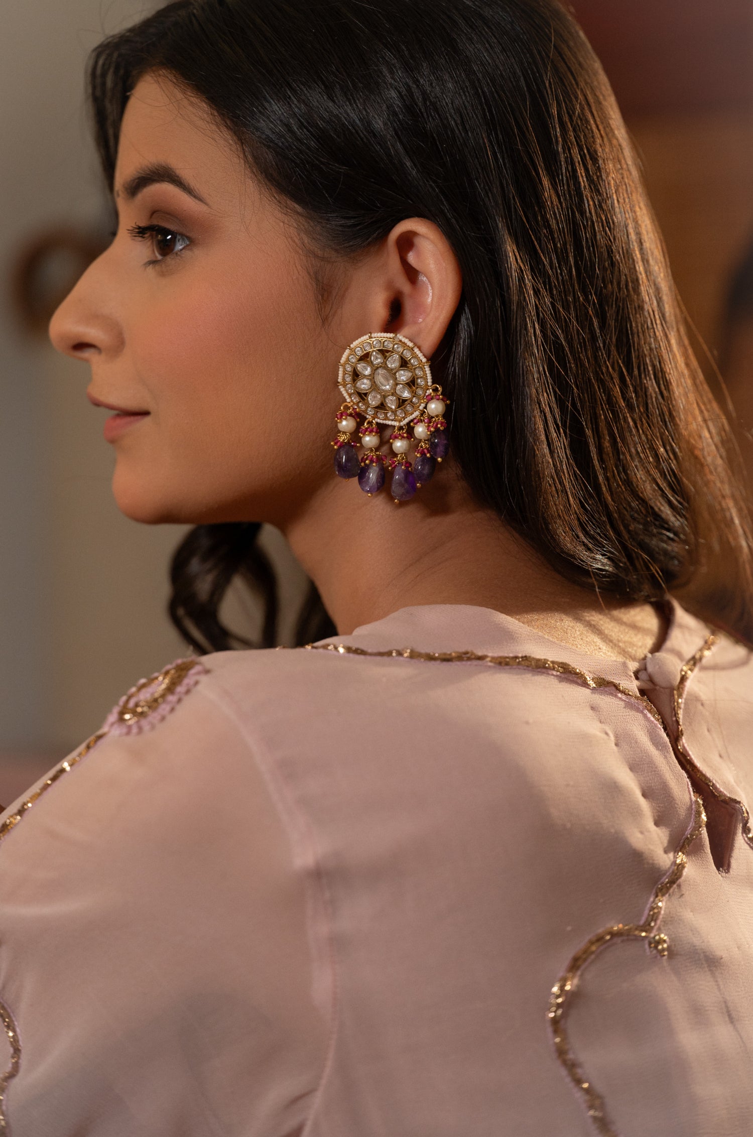 Sunaina Kundan Purple Earrings