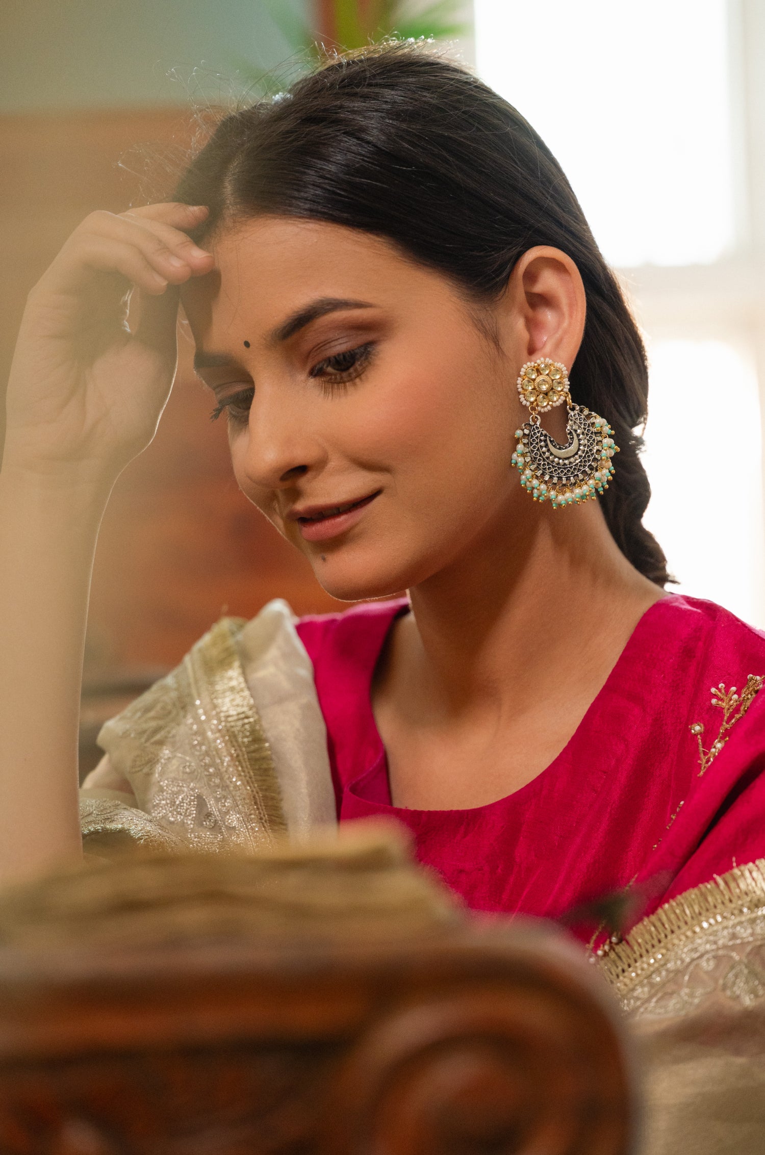 Wamika Turquoise Kundan Silver Chandbali