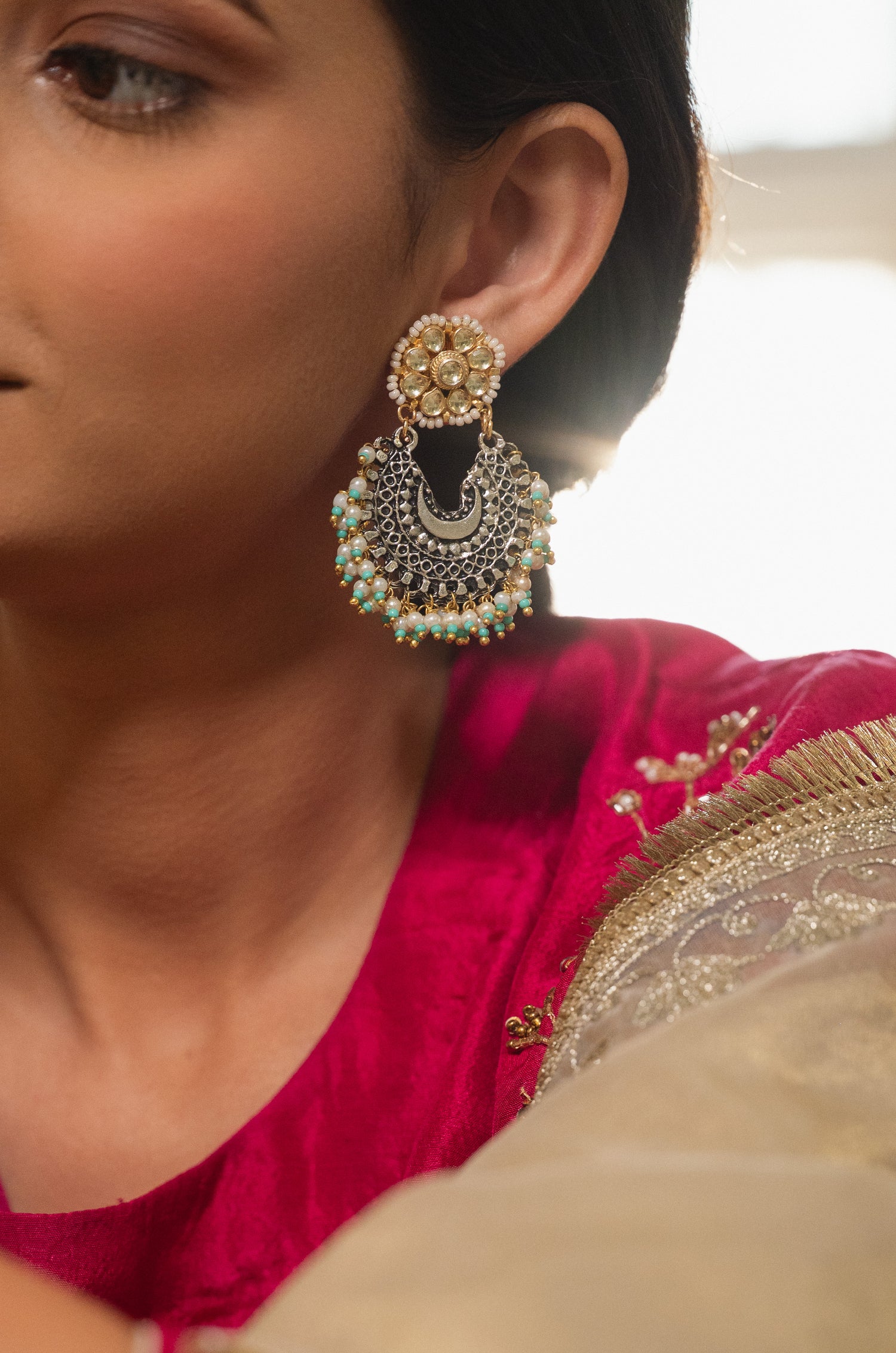 Wamika Turquoise Kundan Silver Chandbali