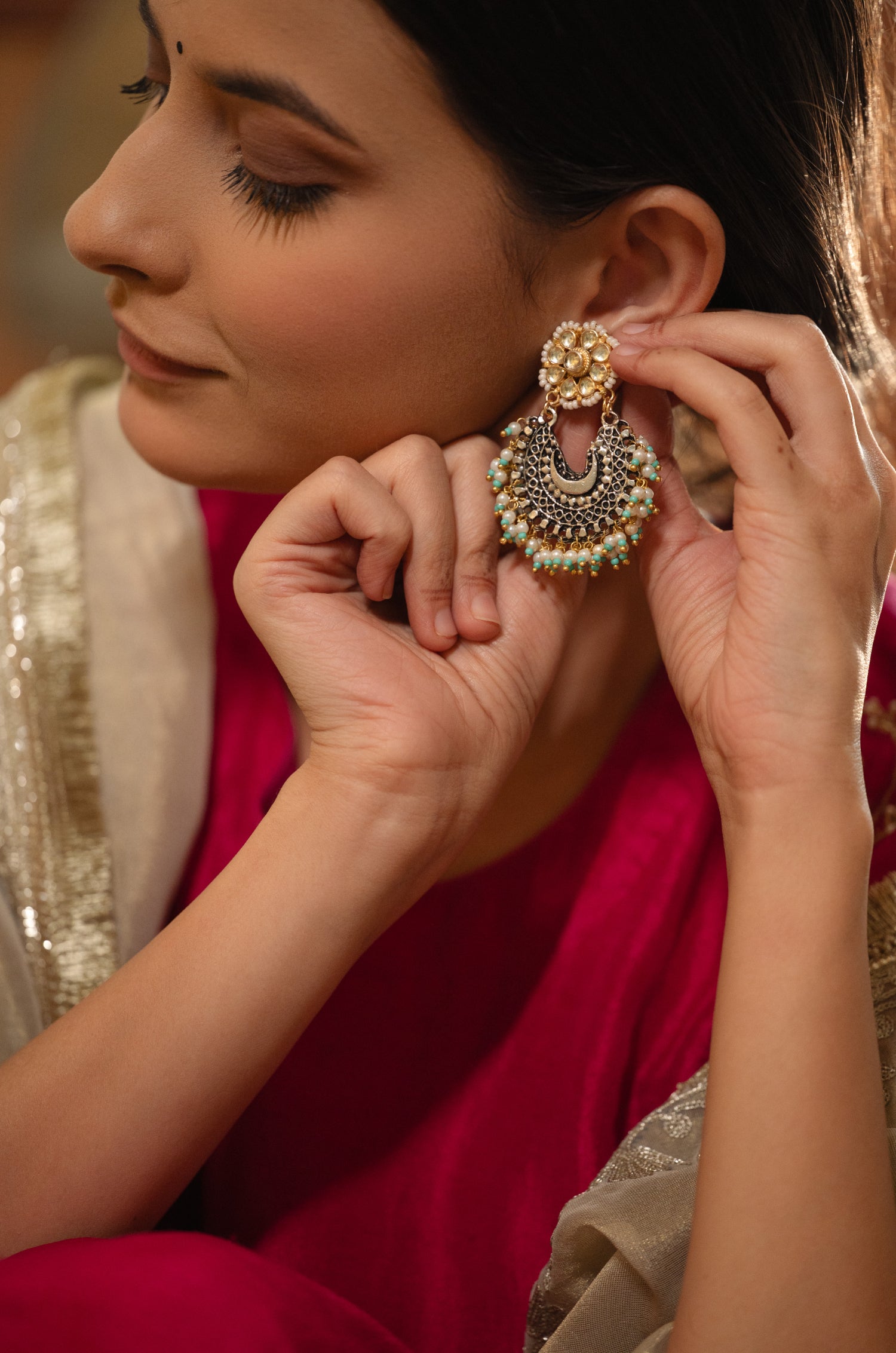 Wamika Turquoise Kundan Silver Chandbali