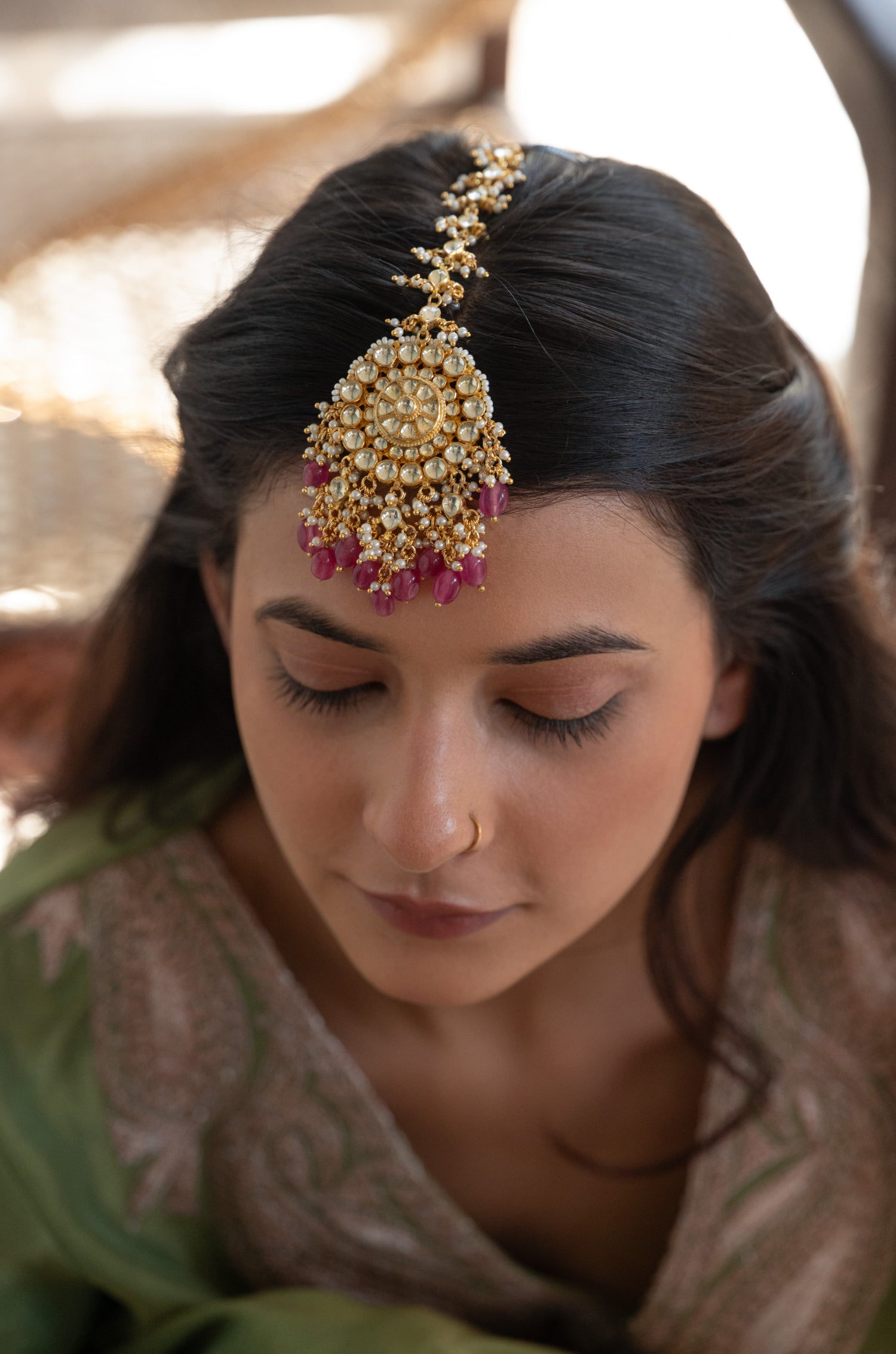Evalis Pink Kundan Maang tikka