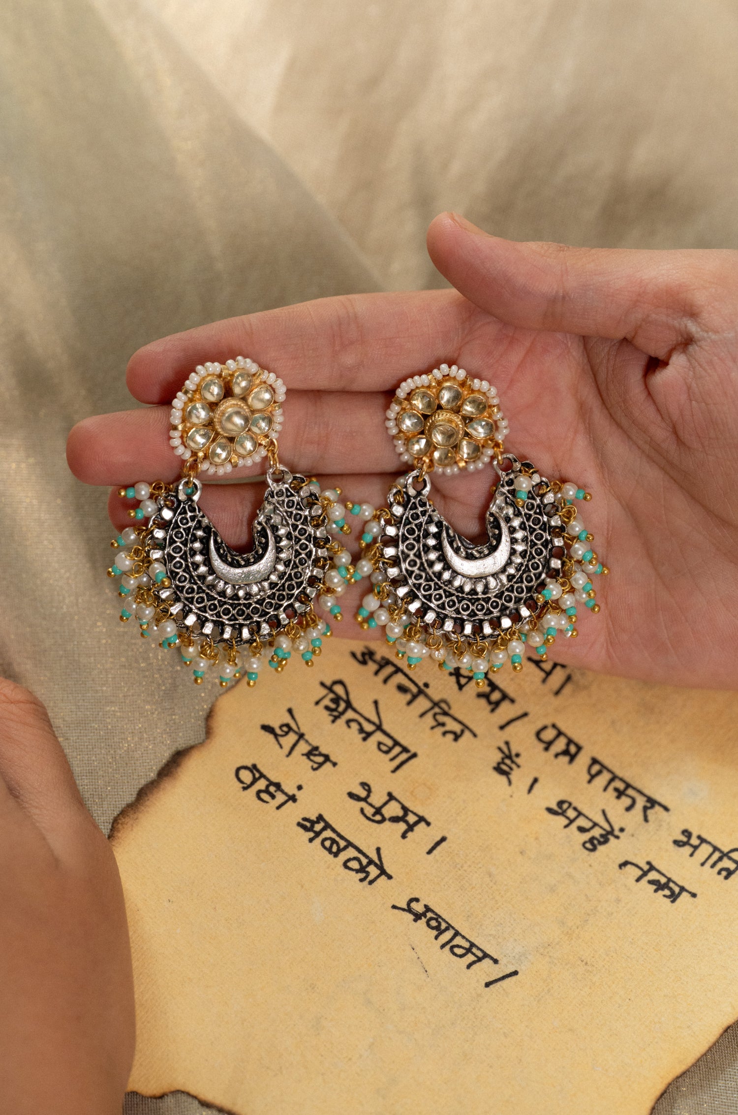 Wamika Turquoise Kundan Silver Chandbali