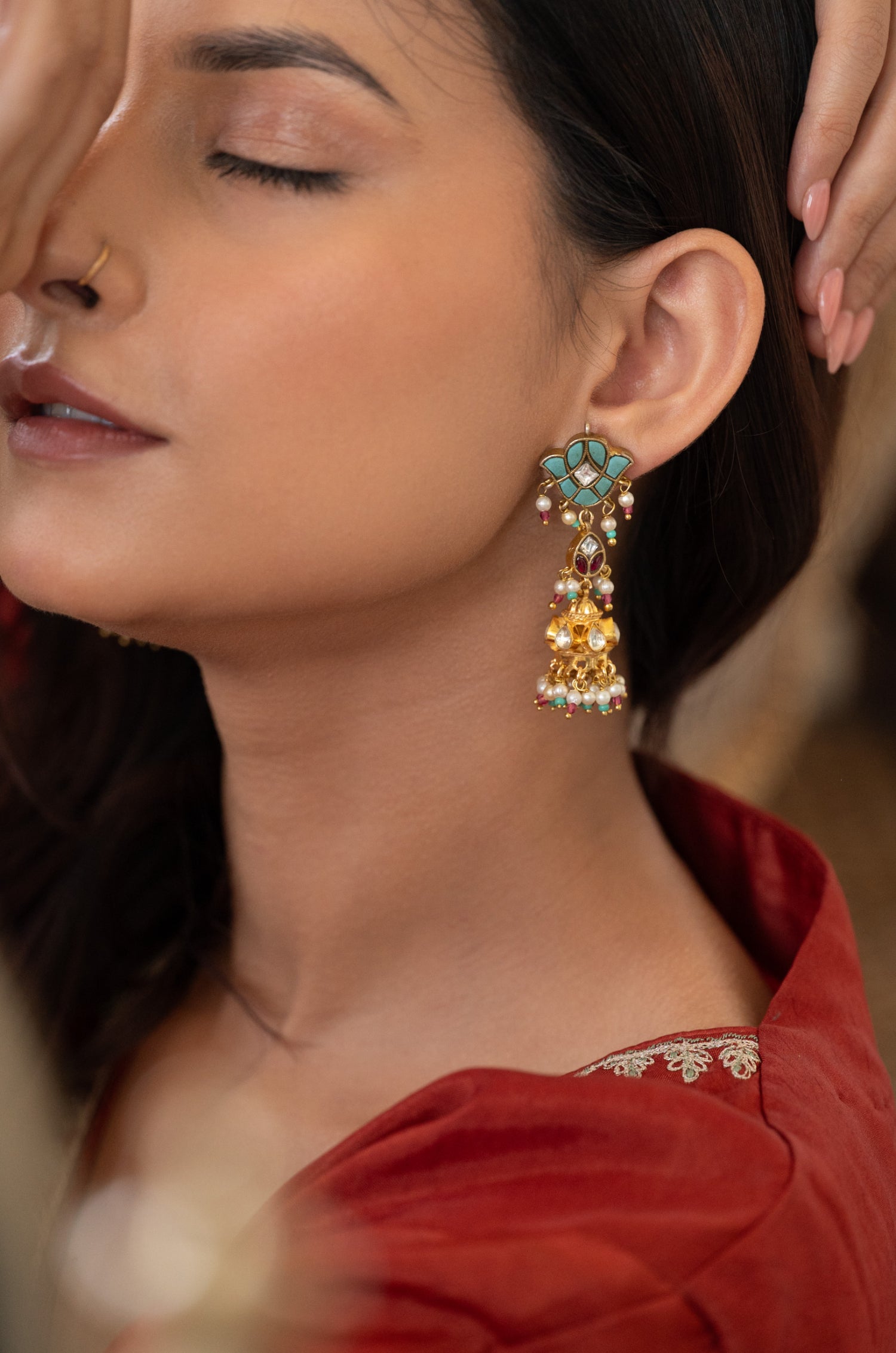 Rumaisa Turquoise Kundan Jhumka Earrings