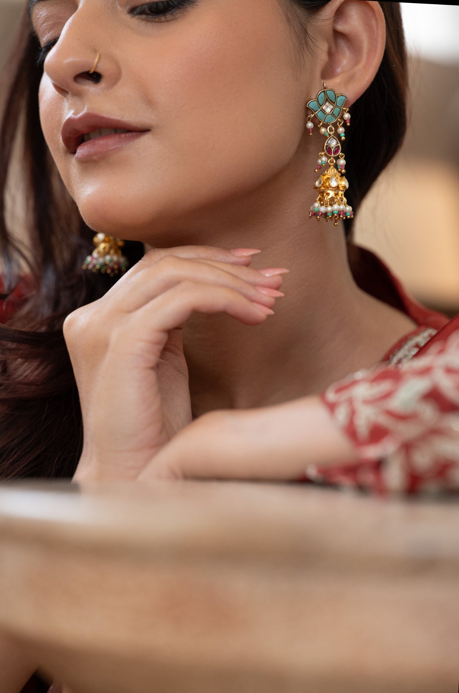 Rumaisa Turquoise Kundan Jhumka Earrings