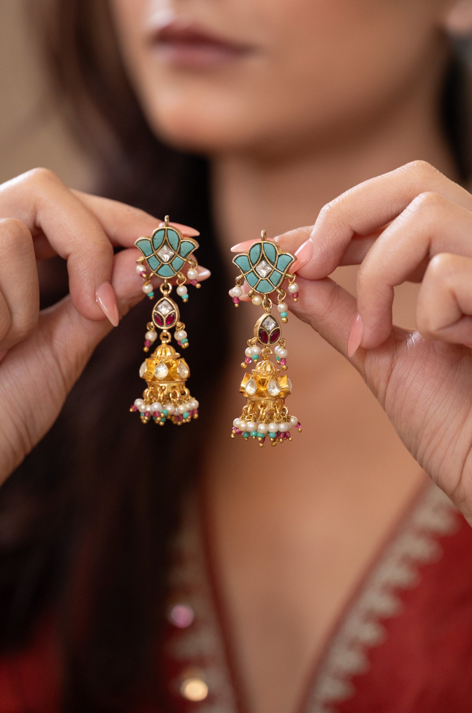 Rumaisa Turquoise Kundan Jhumka Earrings