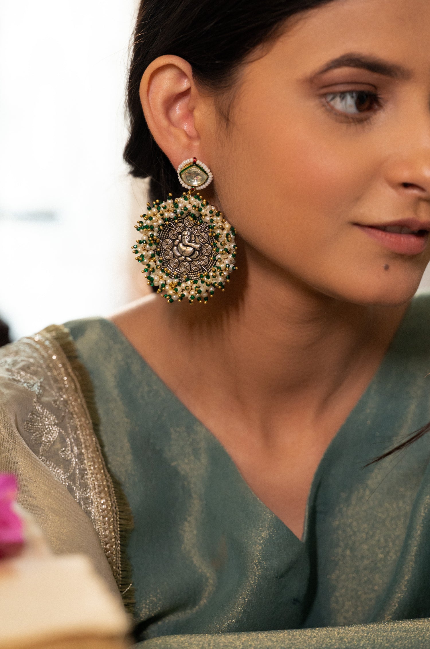 Ganesha Kundan Green Earrings