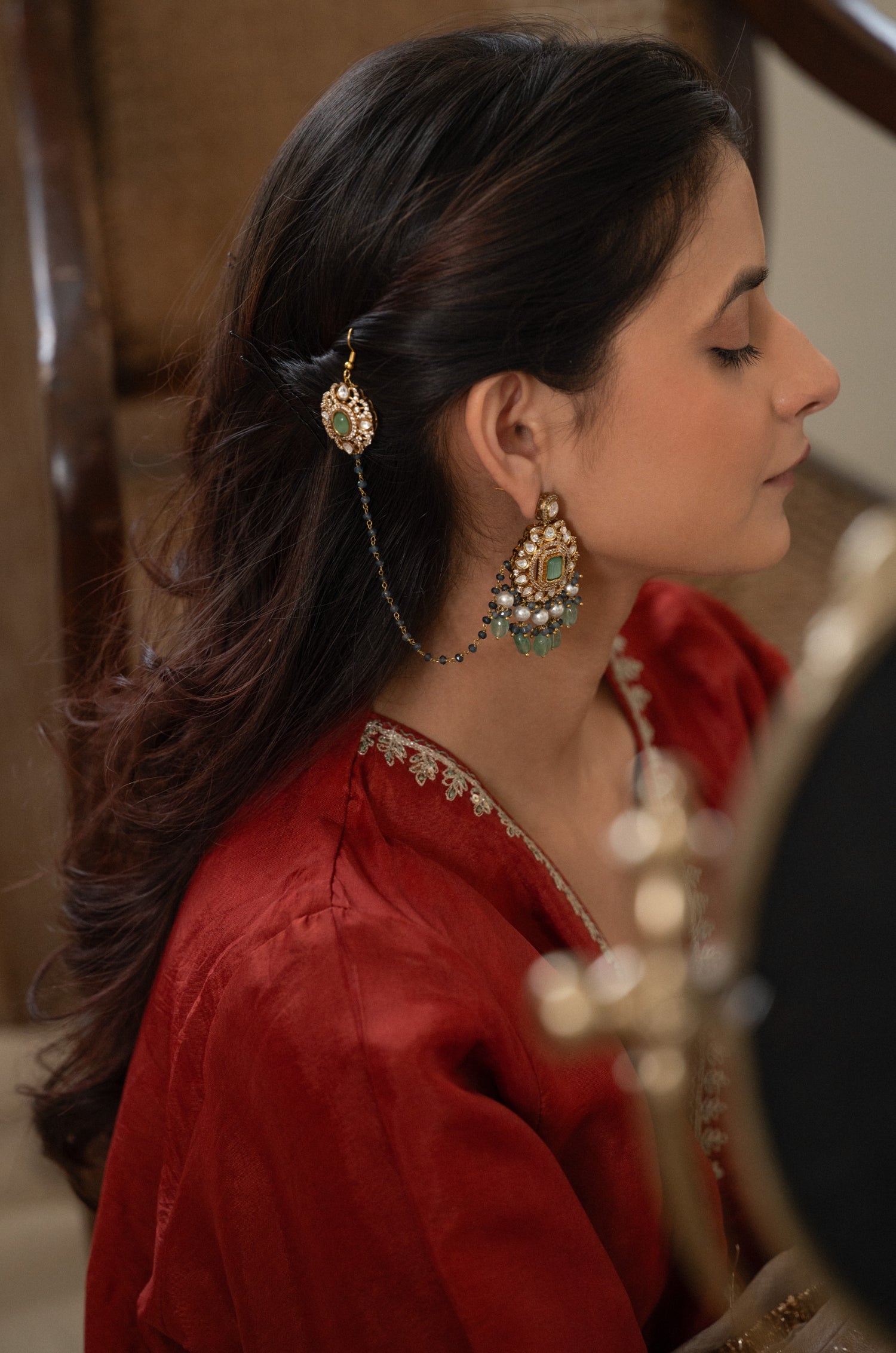Azarika Mint Polki Kaan Chain Earrings
