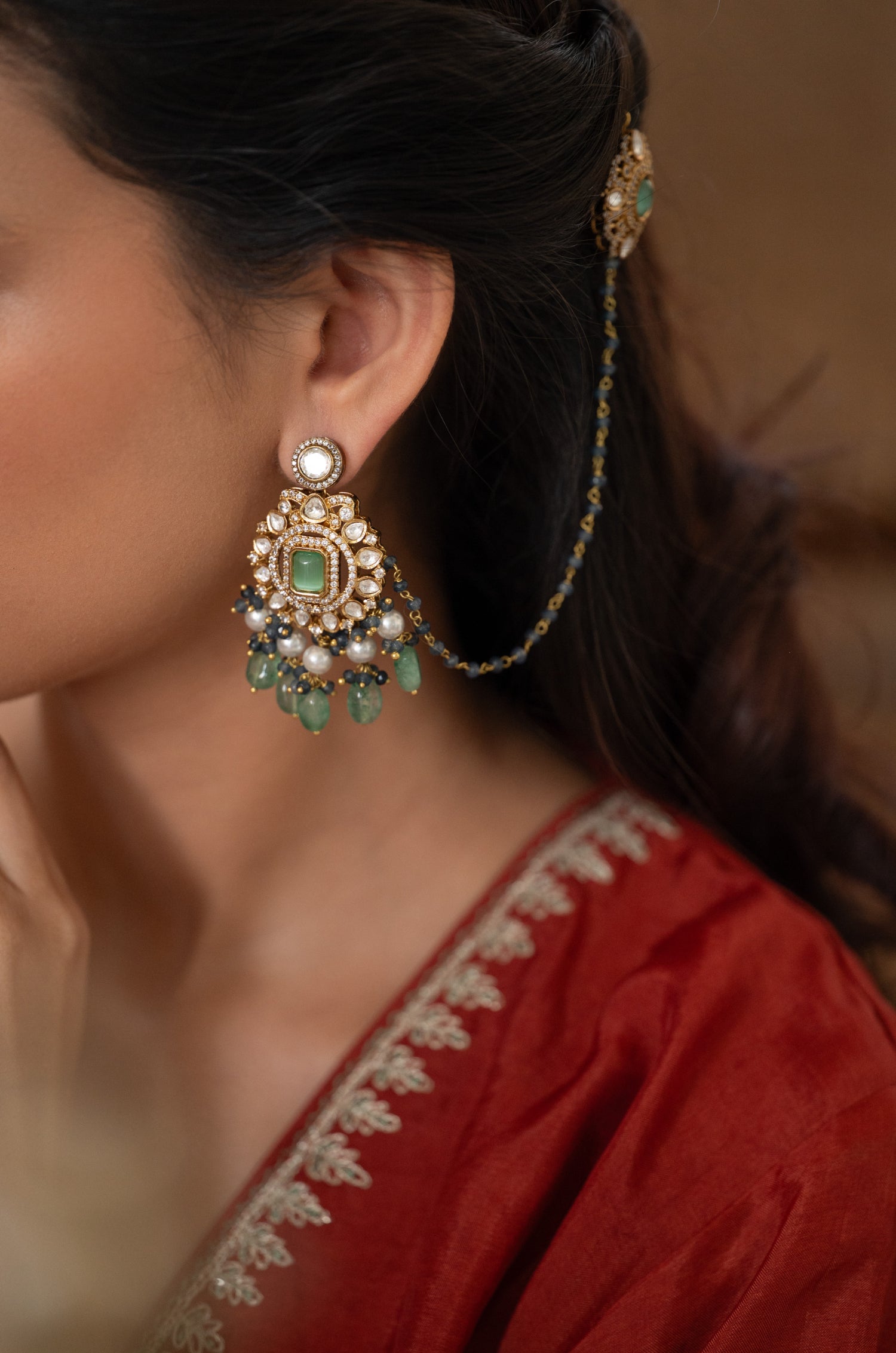 Azarika Mint Polki Kaan Chain Earrings