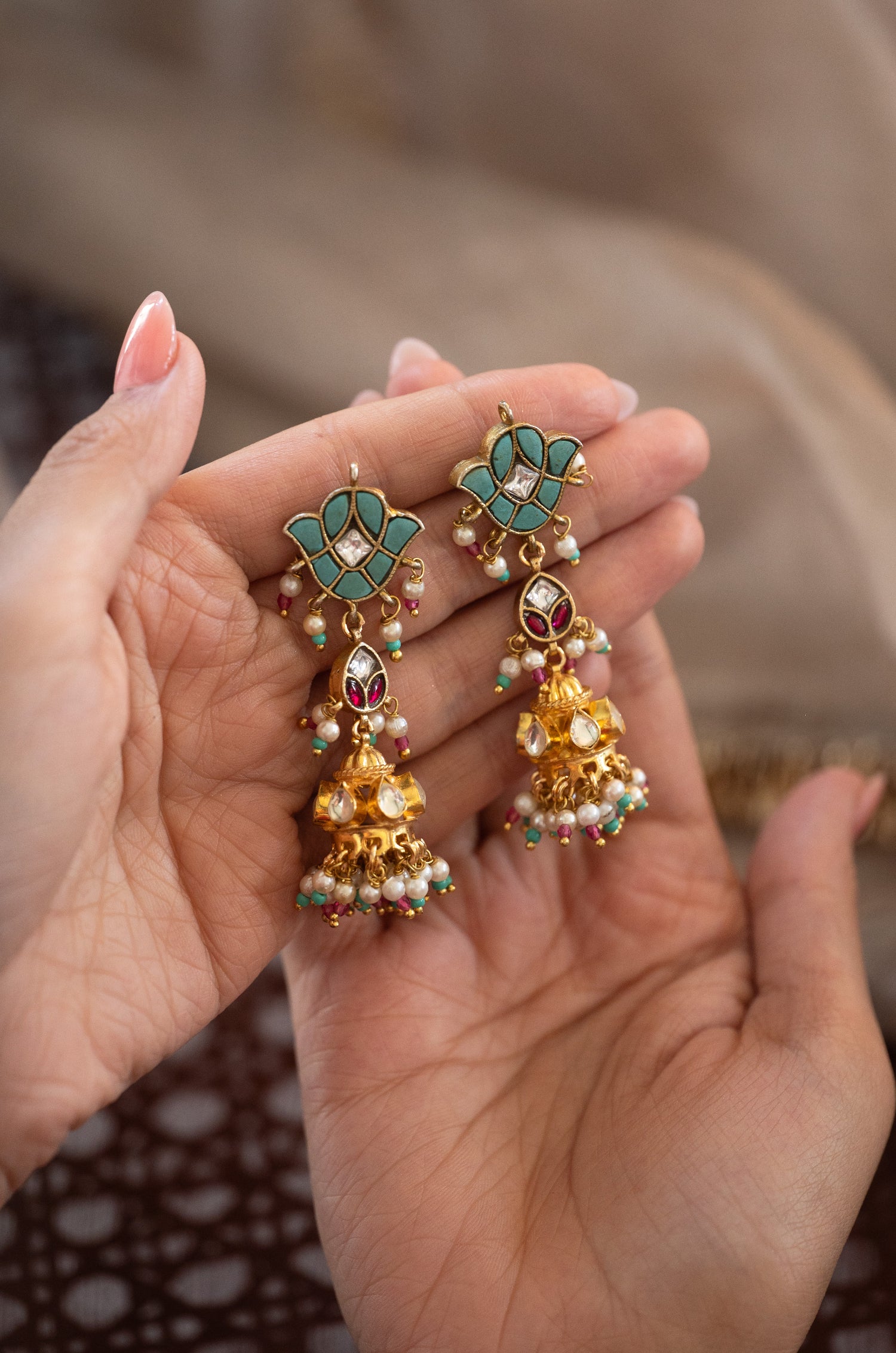 Rumaisa Turquoise Kundan Jhumka Earrings