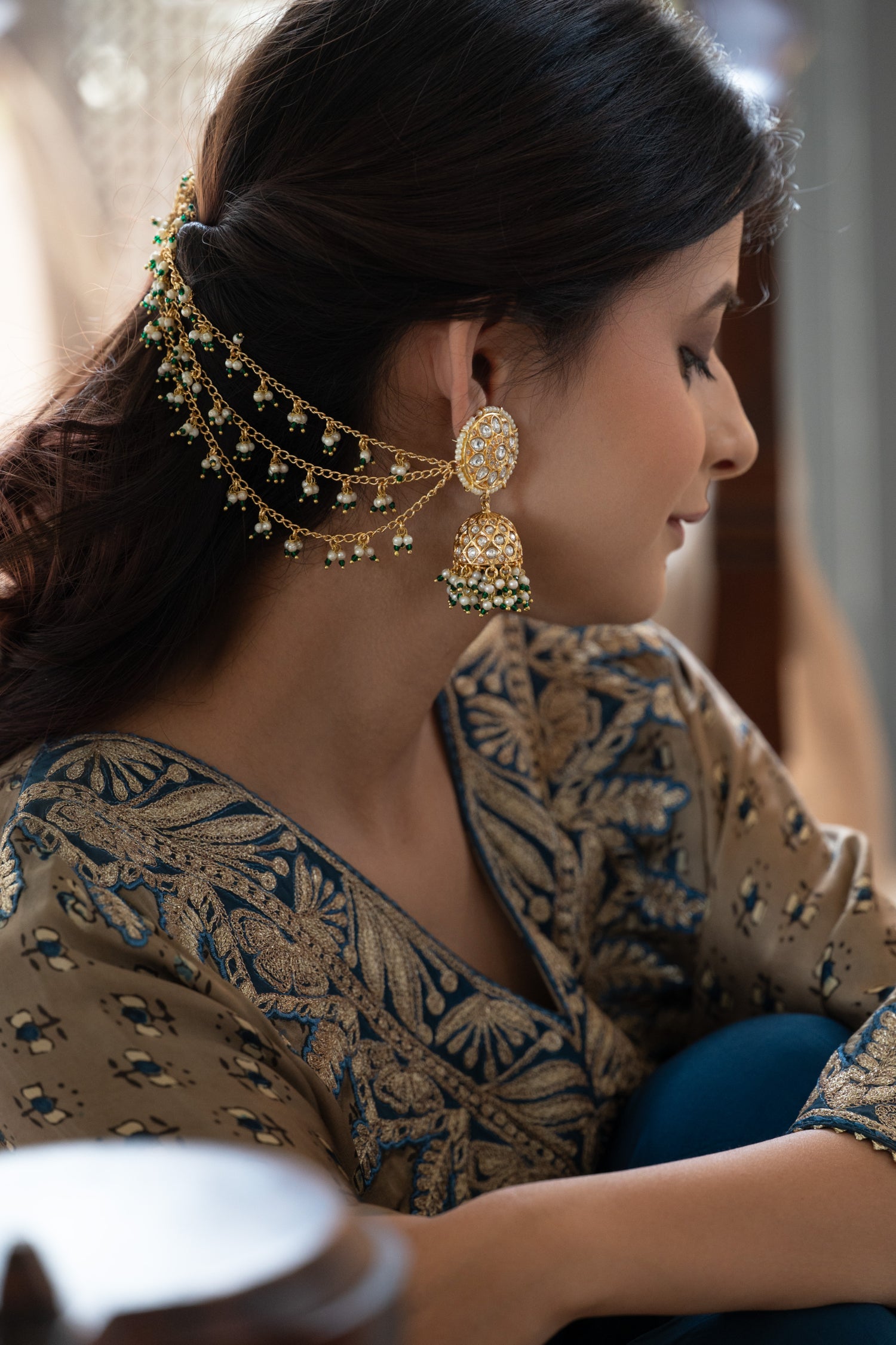 Warnika Kundan Kaan Chain Jhumka Earrings