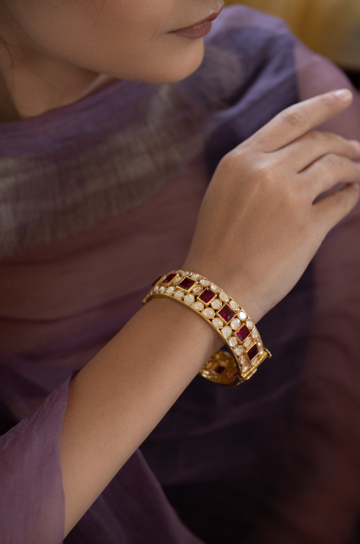 Mridula Red Polki Silver Bangle