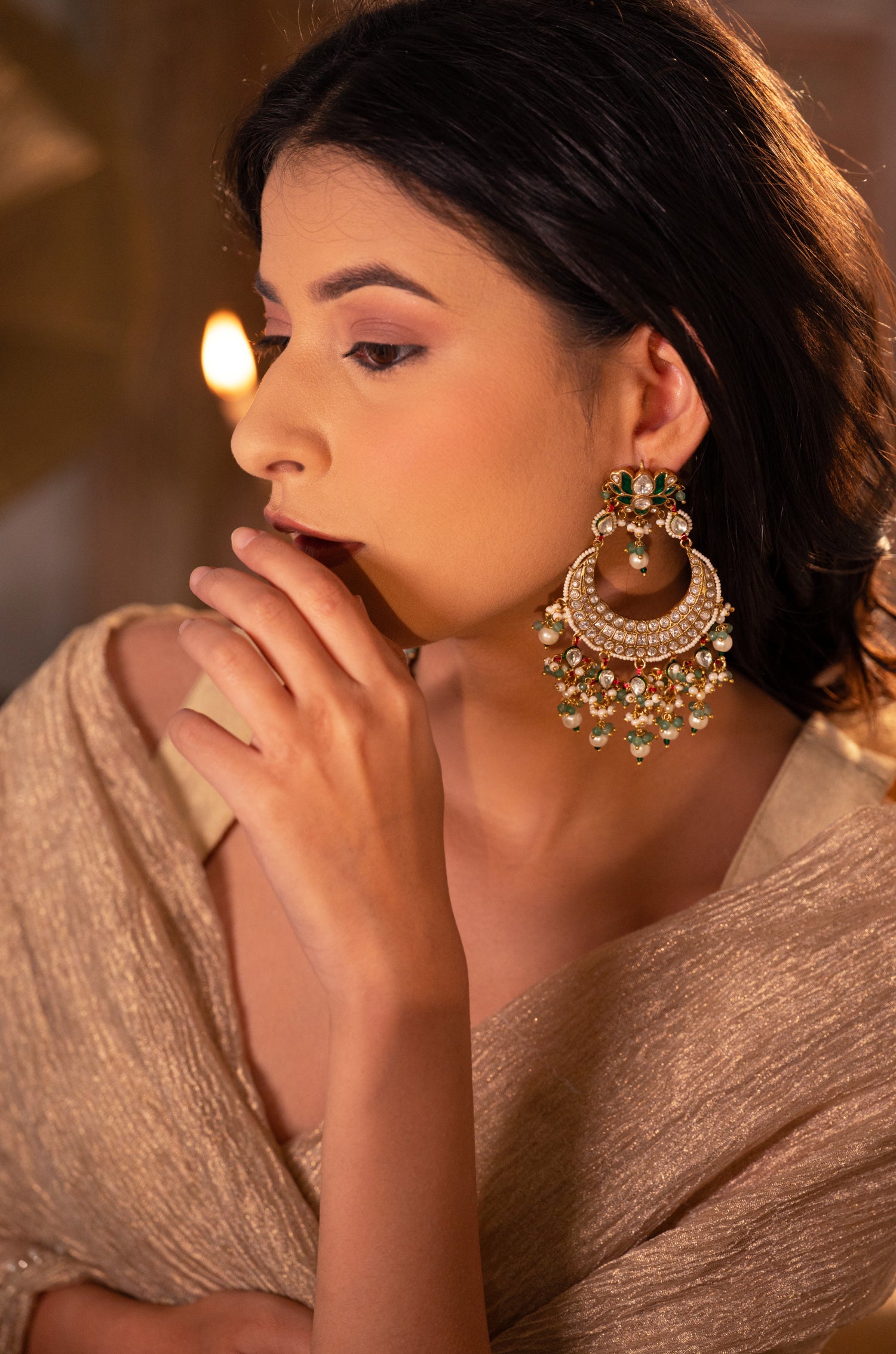 Pritha Mint Kundan Chandbali Earrings