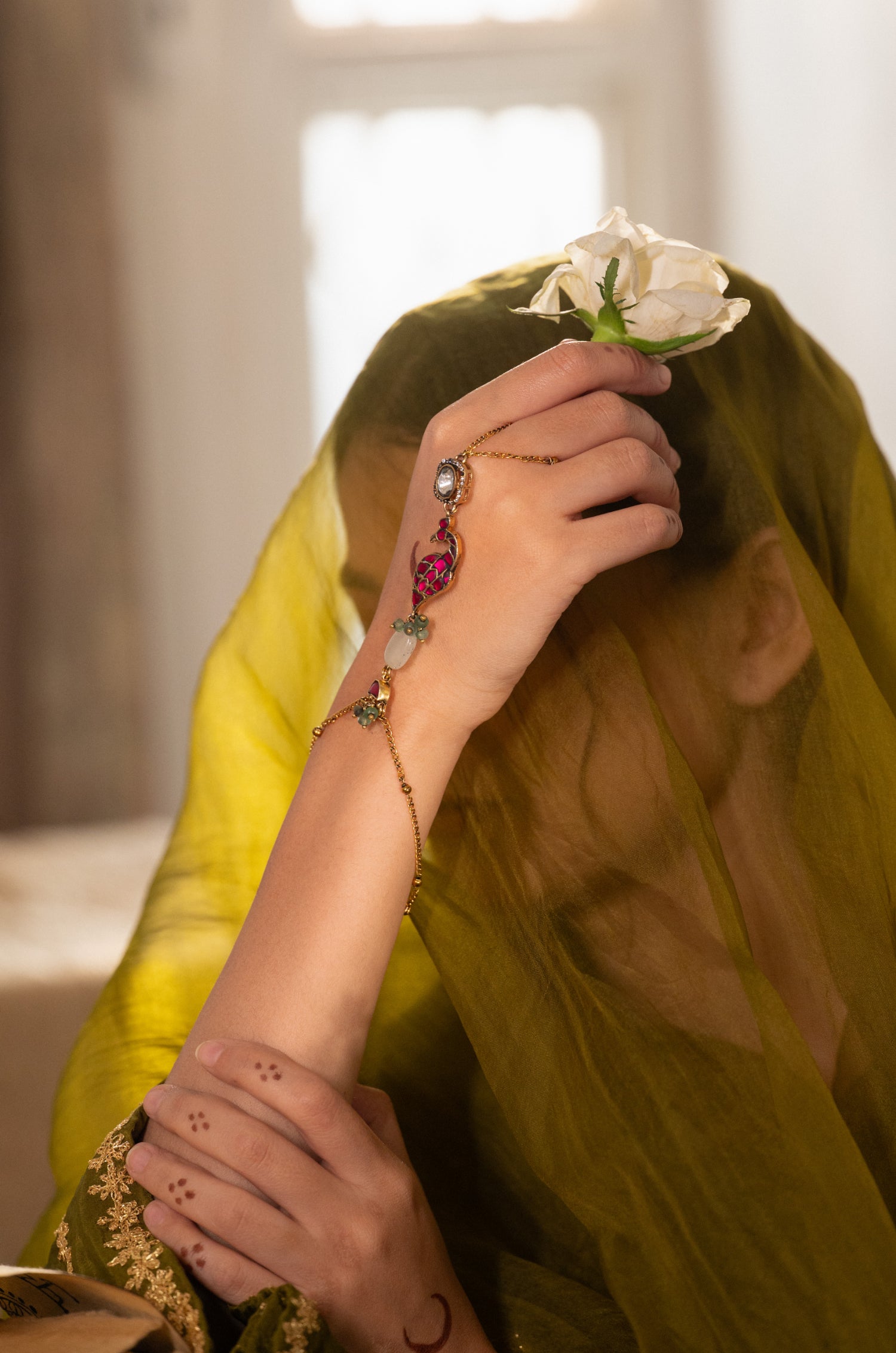 Devika Pink Polki Hathphool Bracelet