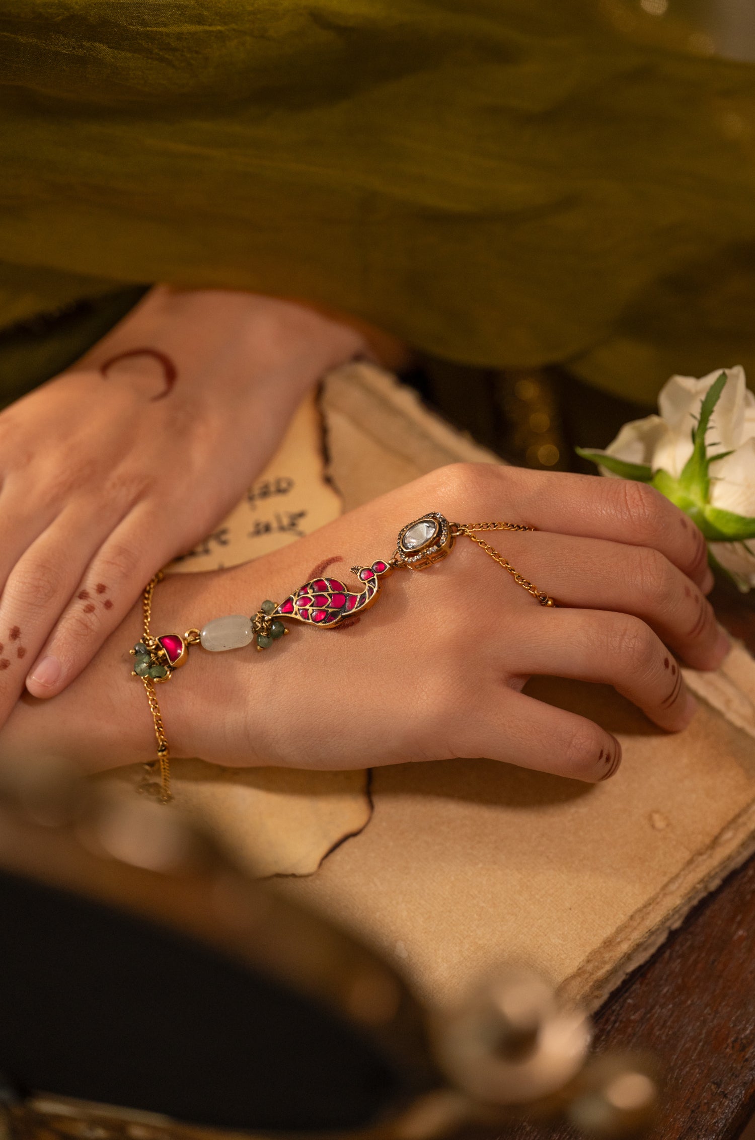 Devika Pink Polki Hathphool Bracelet