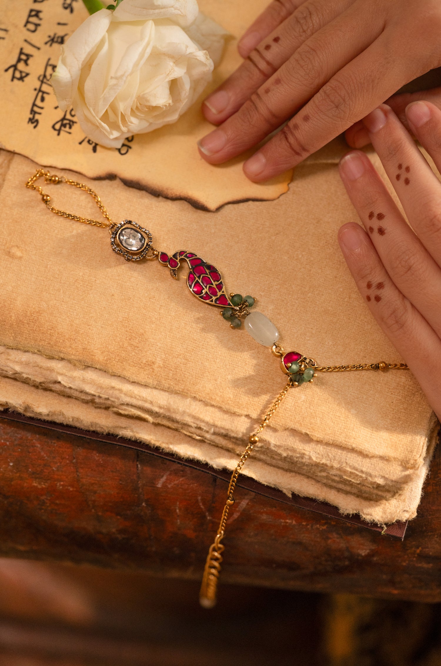 Devika Pink Polki Hathphool Bracelet