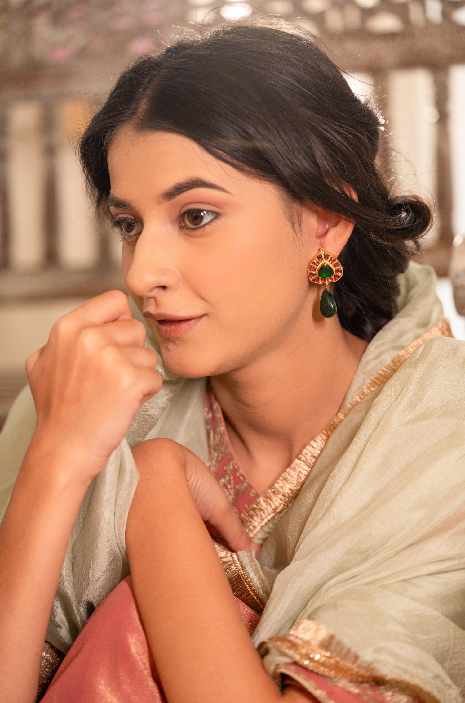 Lajita Floral Green Kundan Earrings