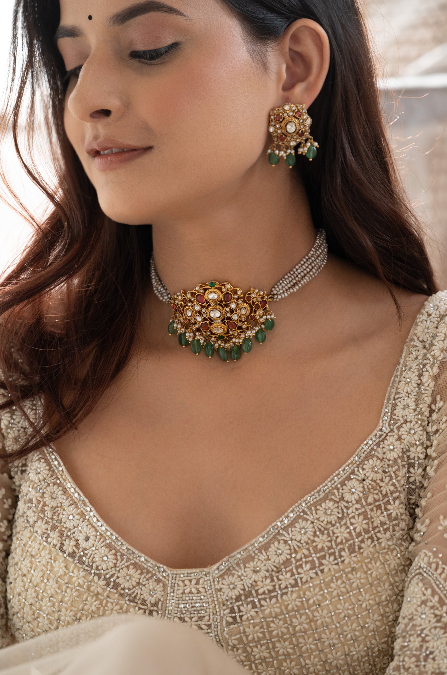 Yumilah Green Silver Necklace Set