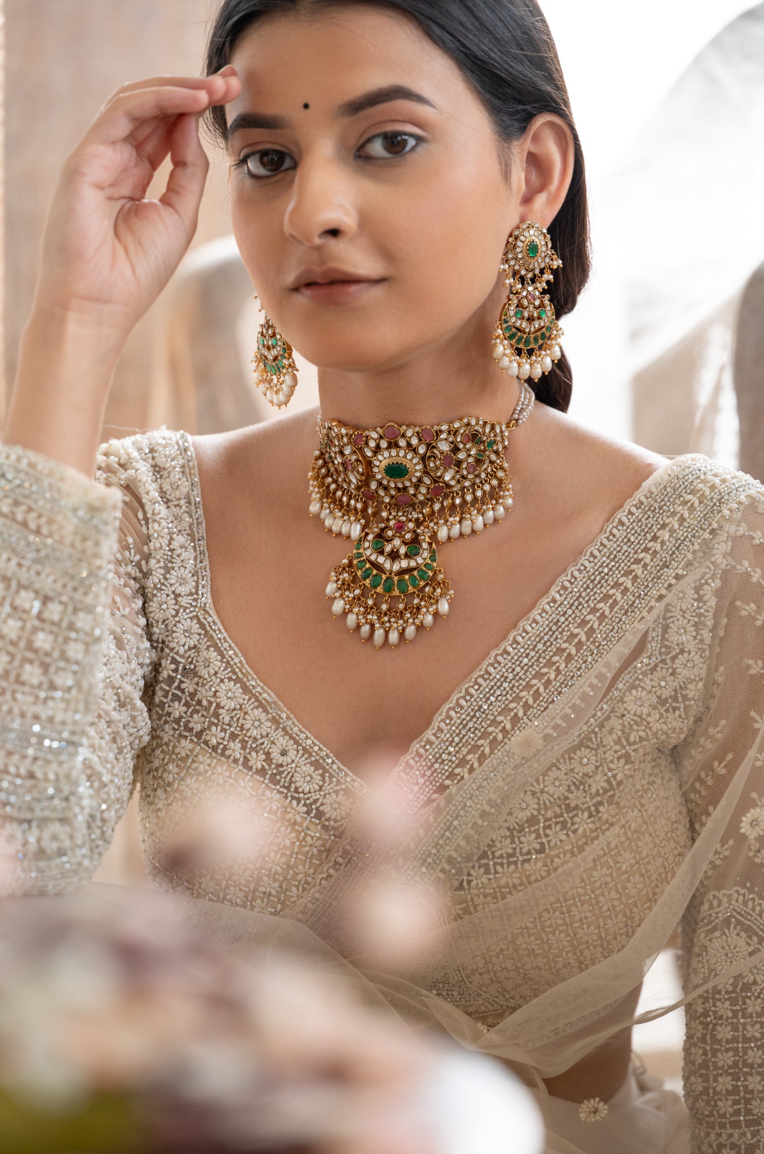Sadhvi Green Silver Necklace Set