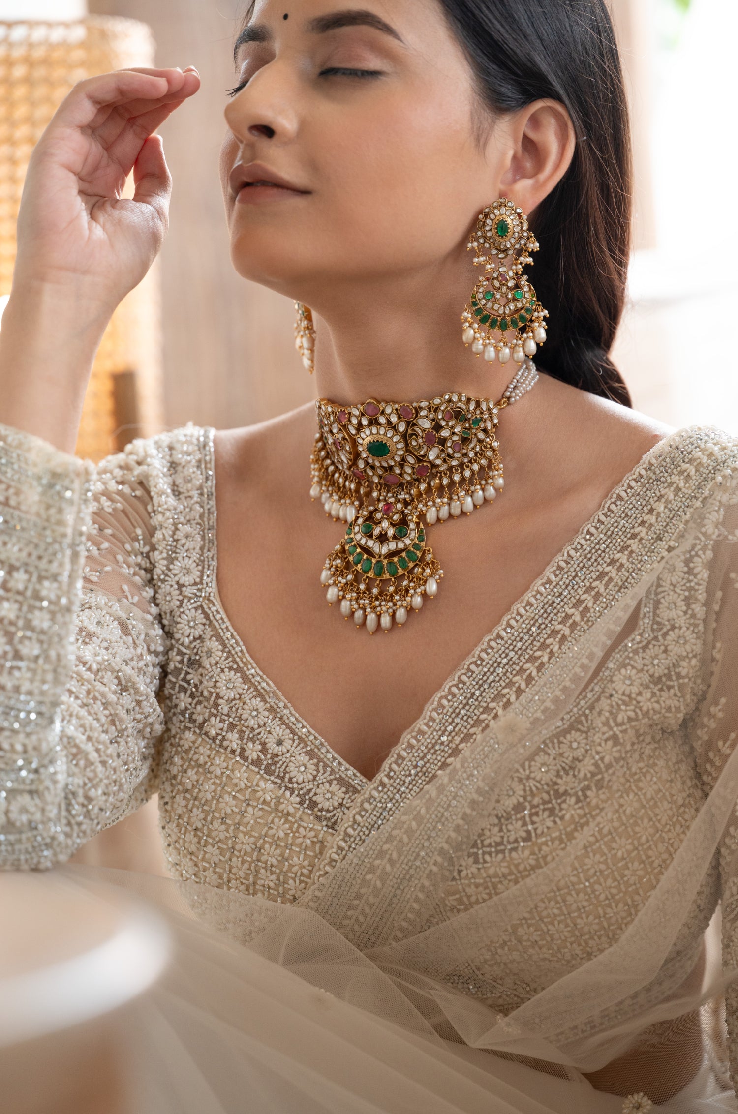 Sadhvi Green Silver Necklace Set
