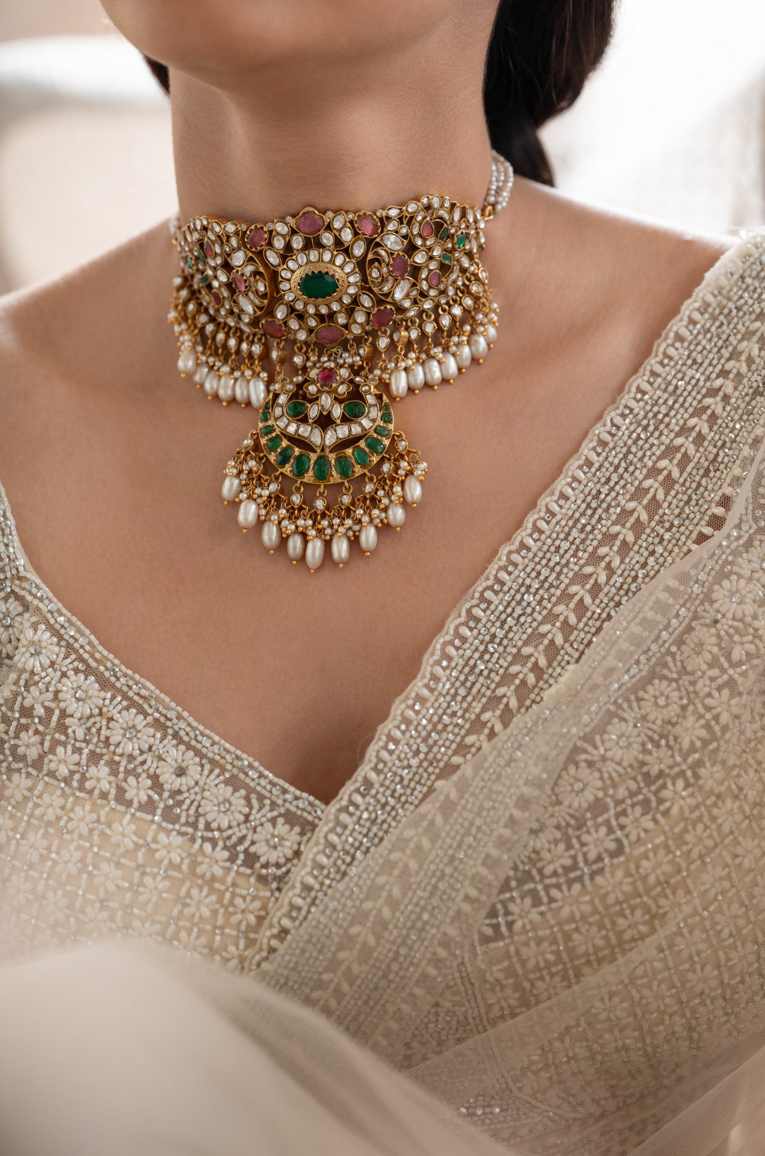 Sadhvi Green Silver Necklace Set