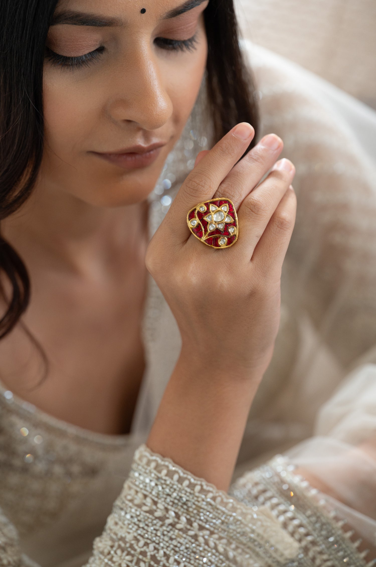 Lara Fine Silver Kundan Red Ring