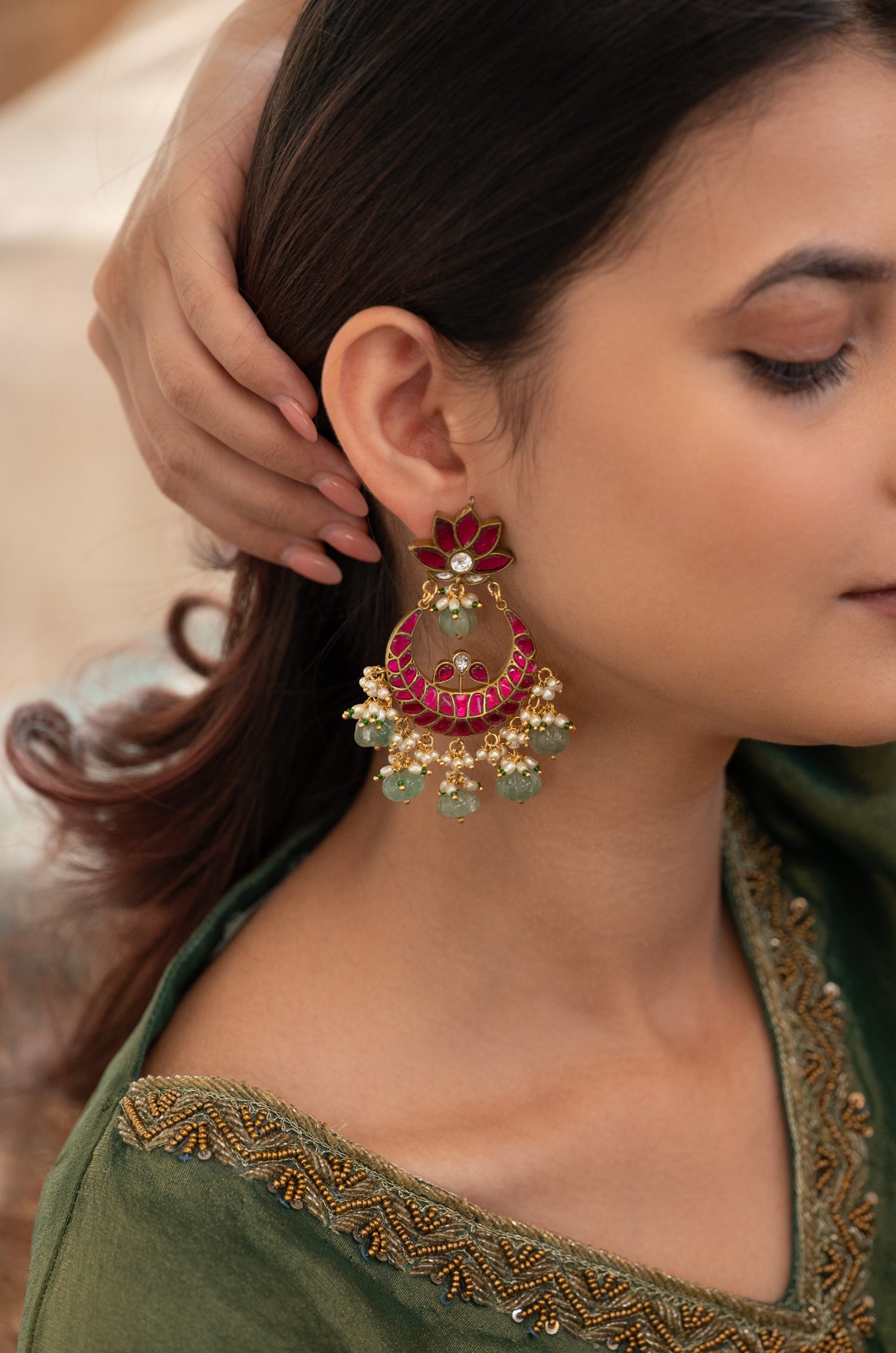 Navya Pink Kundan Chandbali Earrings