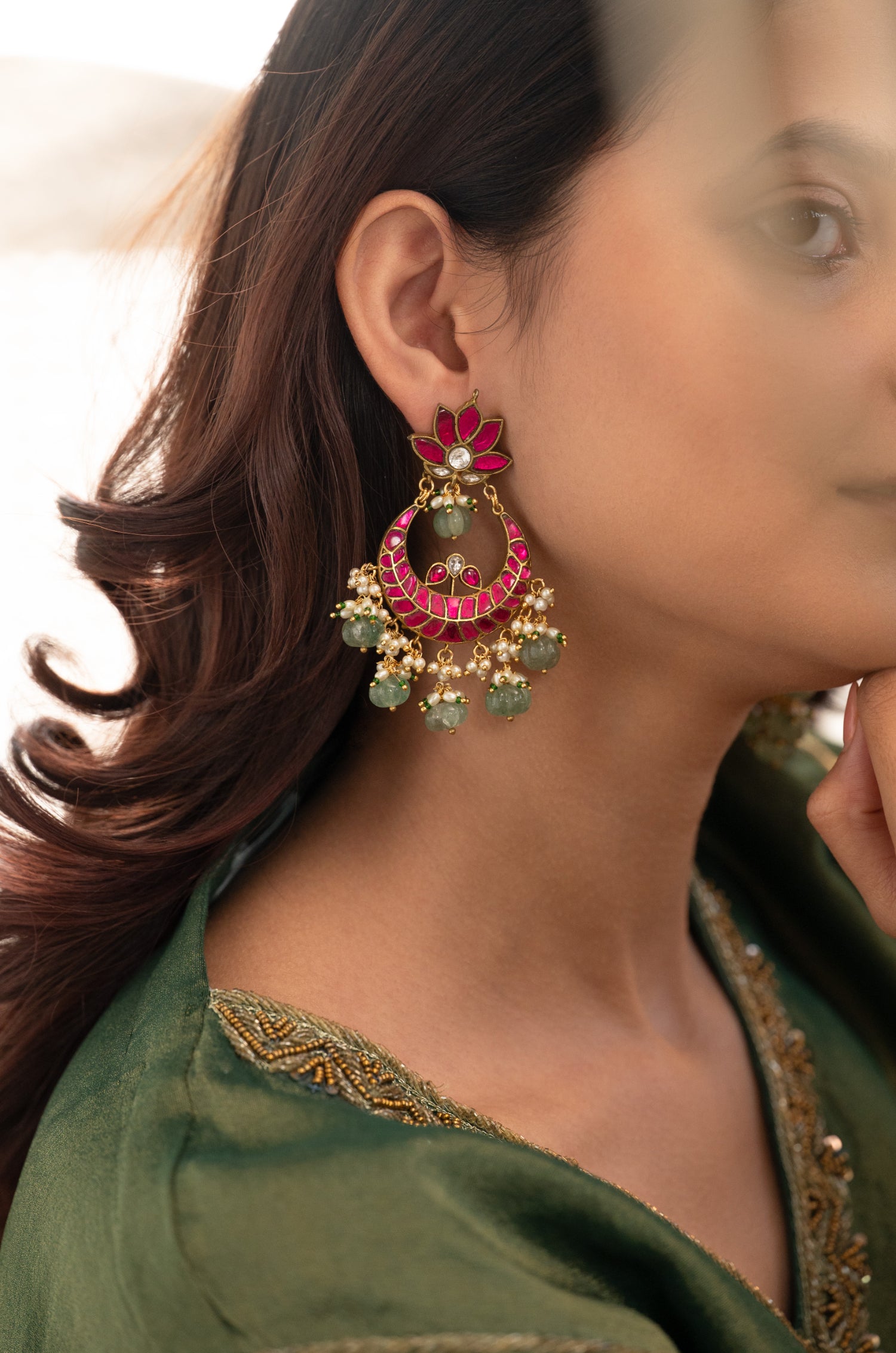 Navya Pink Kundan Chandbali Earrings