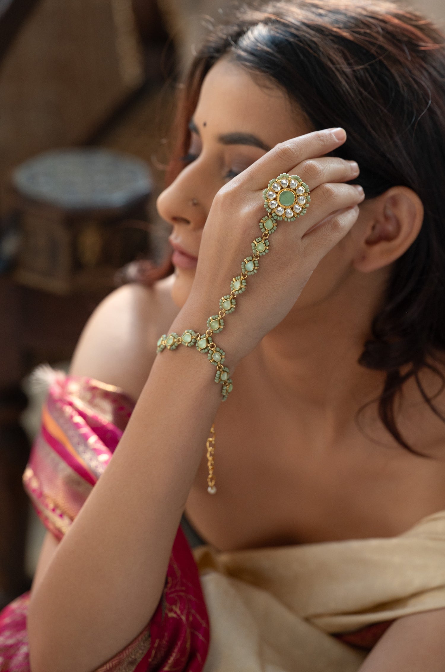 Anam Turquoise Kundan Hathphool