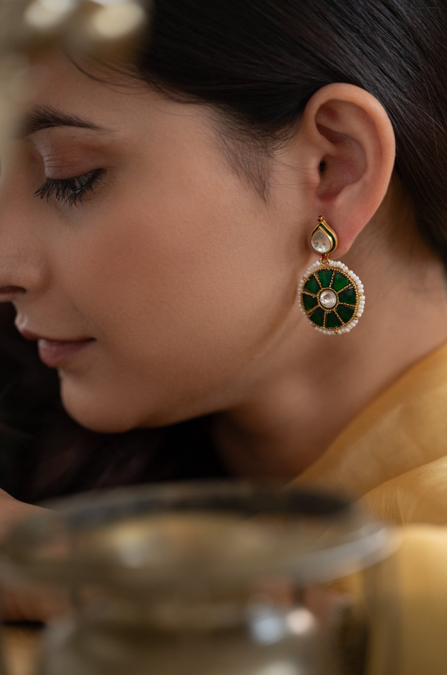 Ishayna Green Kundan Earrings