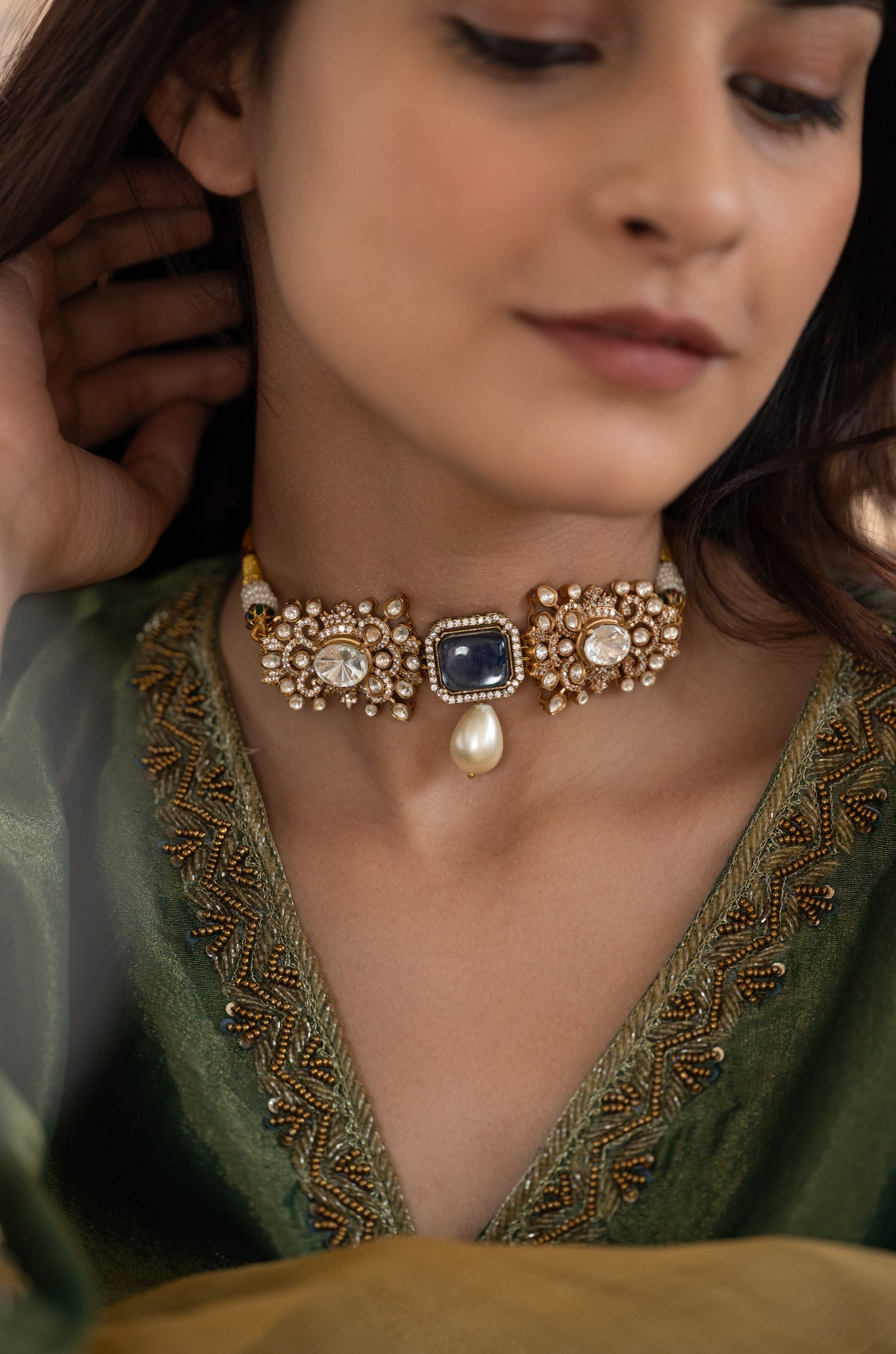 Ziana Blue Polki Choker Necklace