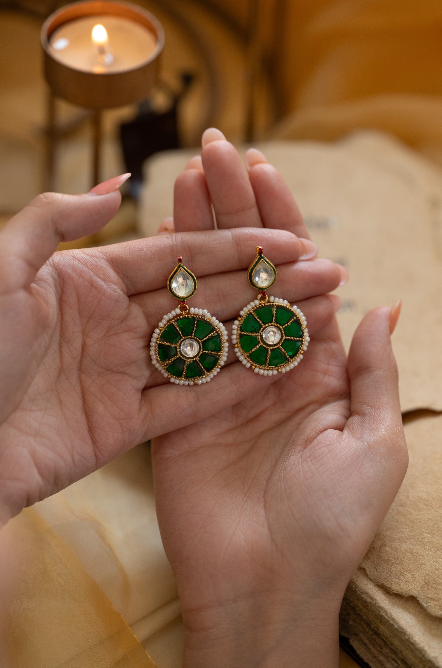 Ishayna Green Kundan Earrings