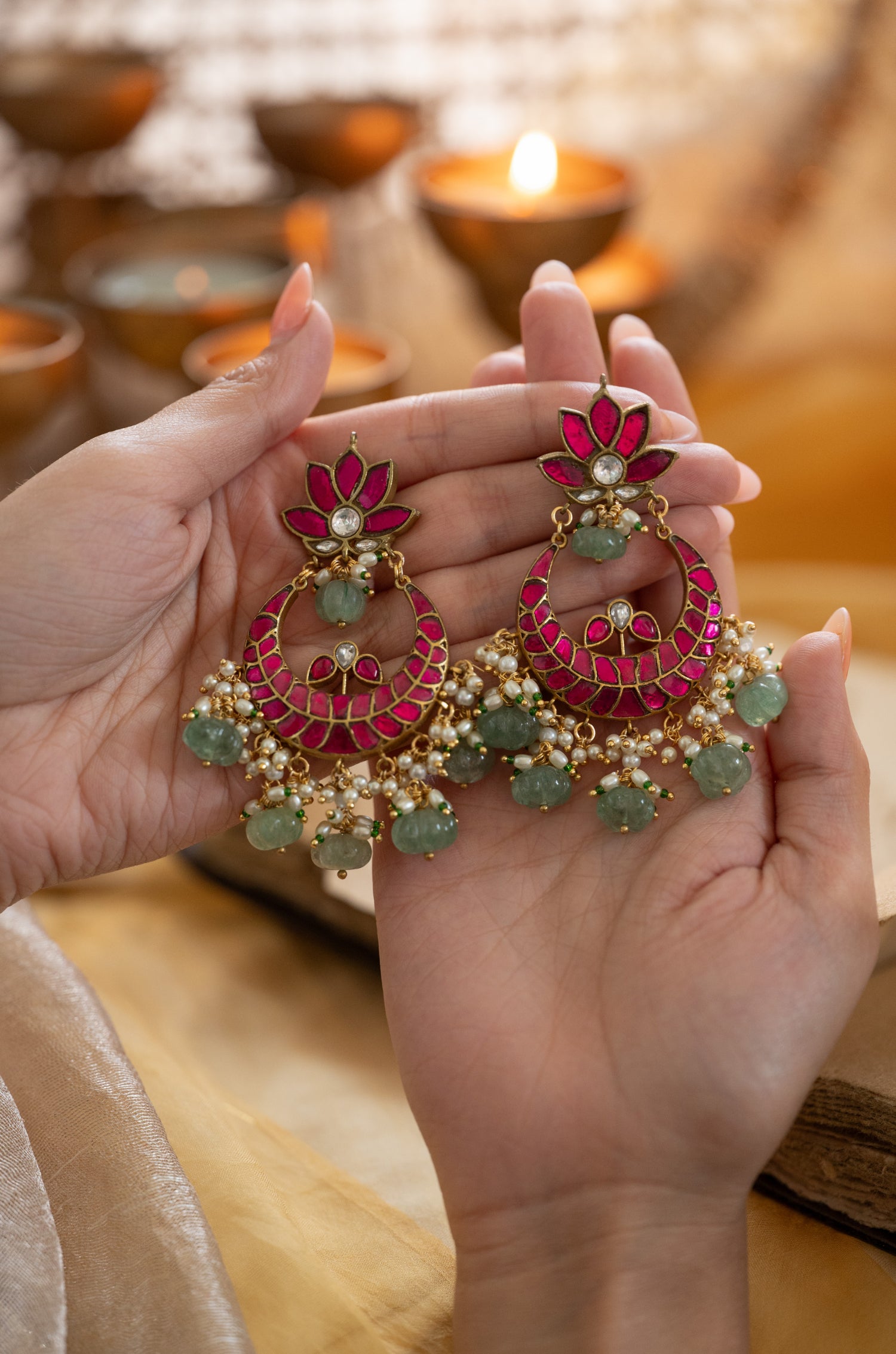 Navya Pink Kundan Chandbali Earrings