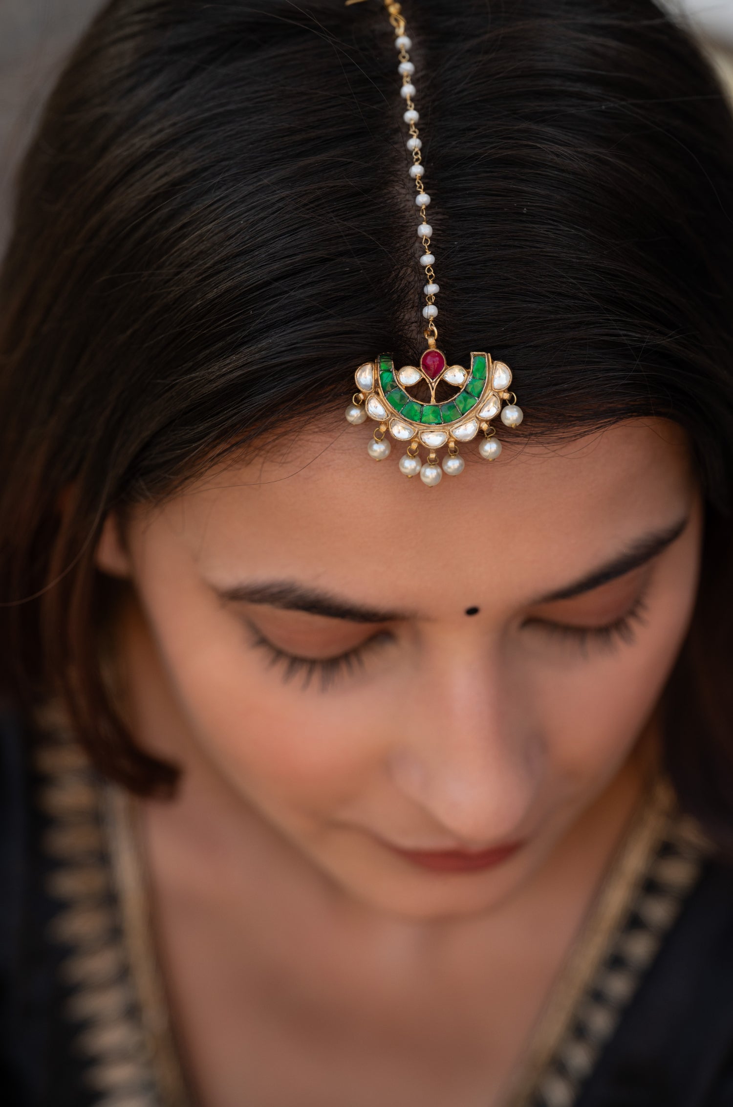 Harshita Green Kundan Maang tikka