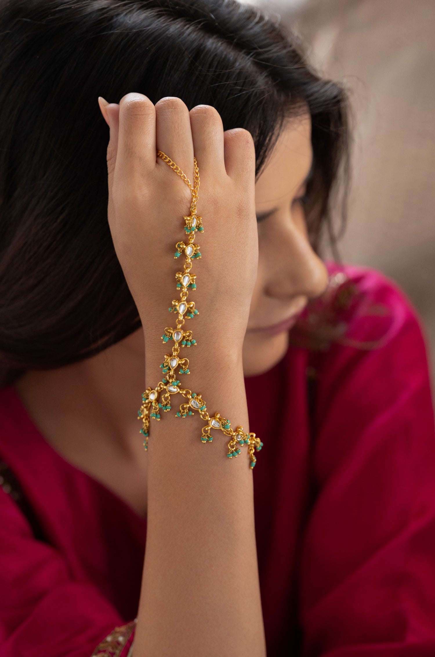 Tuba Turquoise Kundan Hathphool