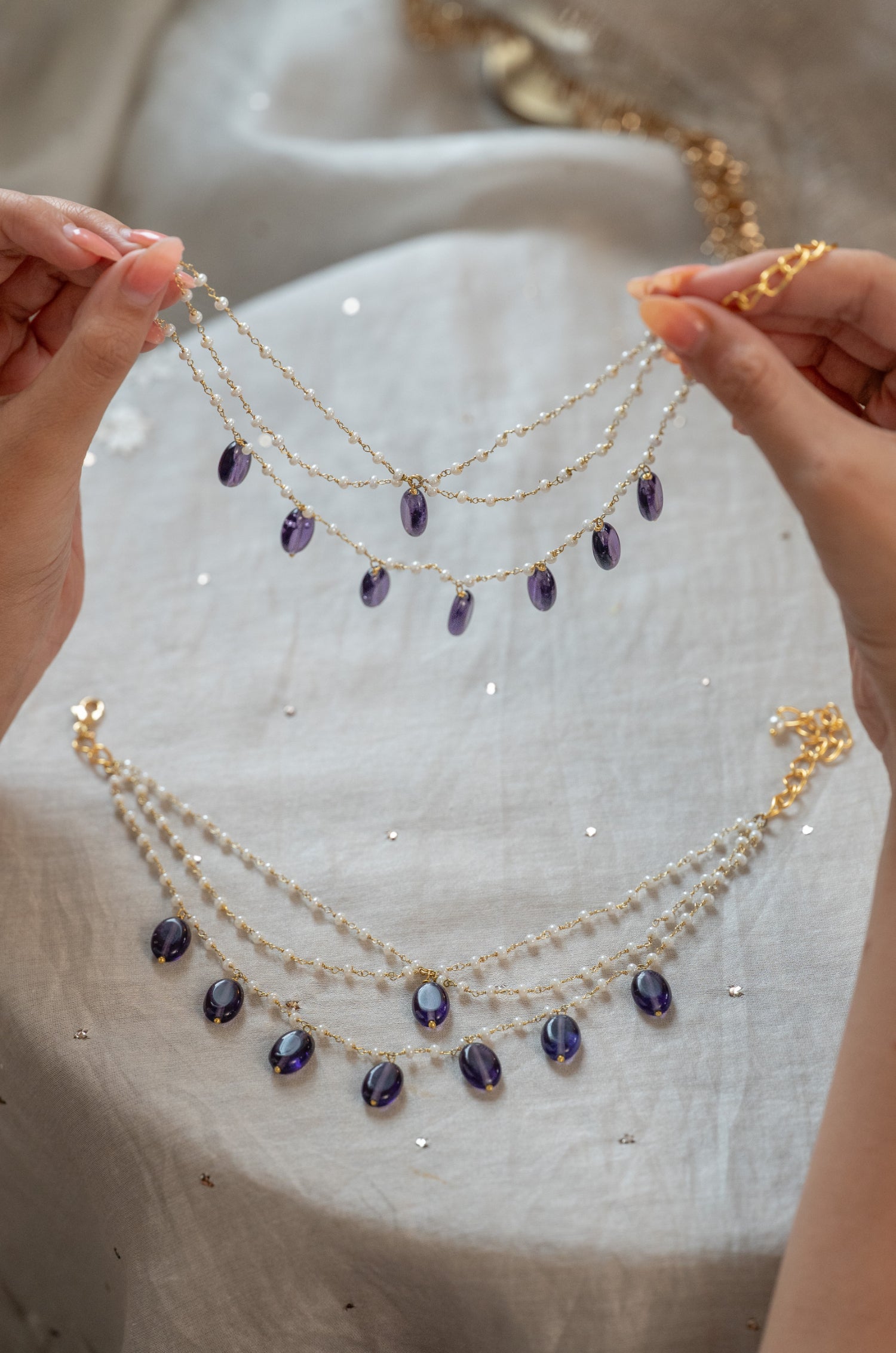 Qaina Purple Pearl Anklets