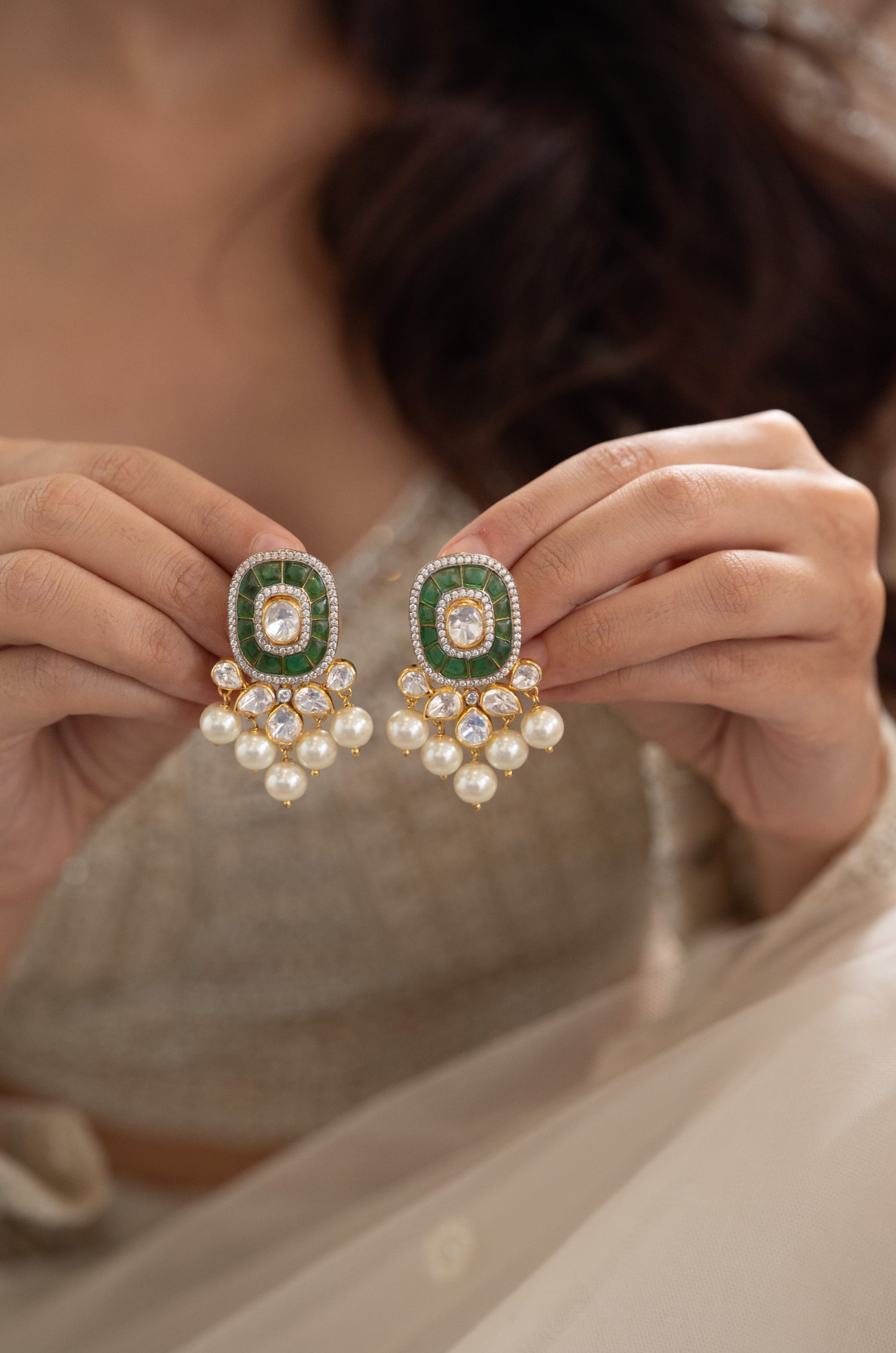 Jhavni Green Polki Silver Studs